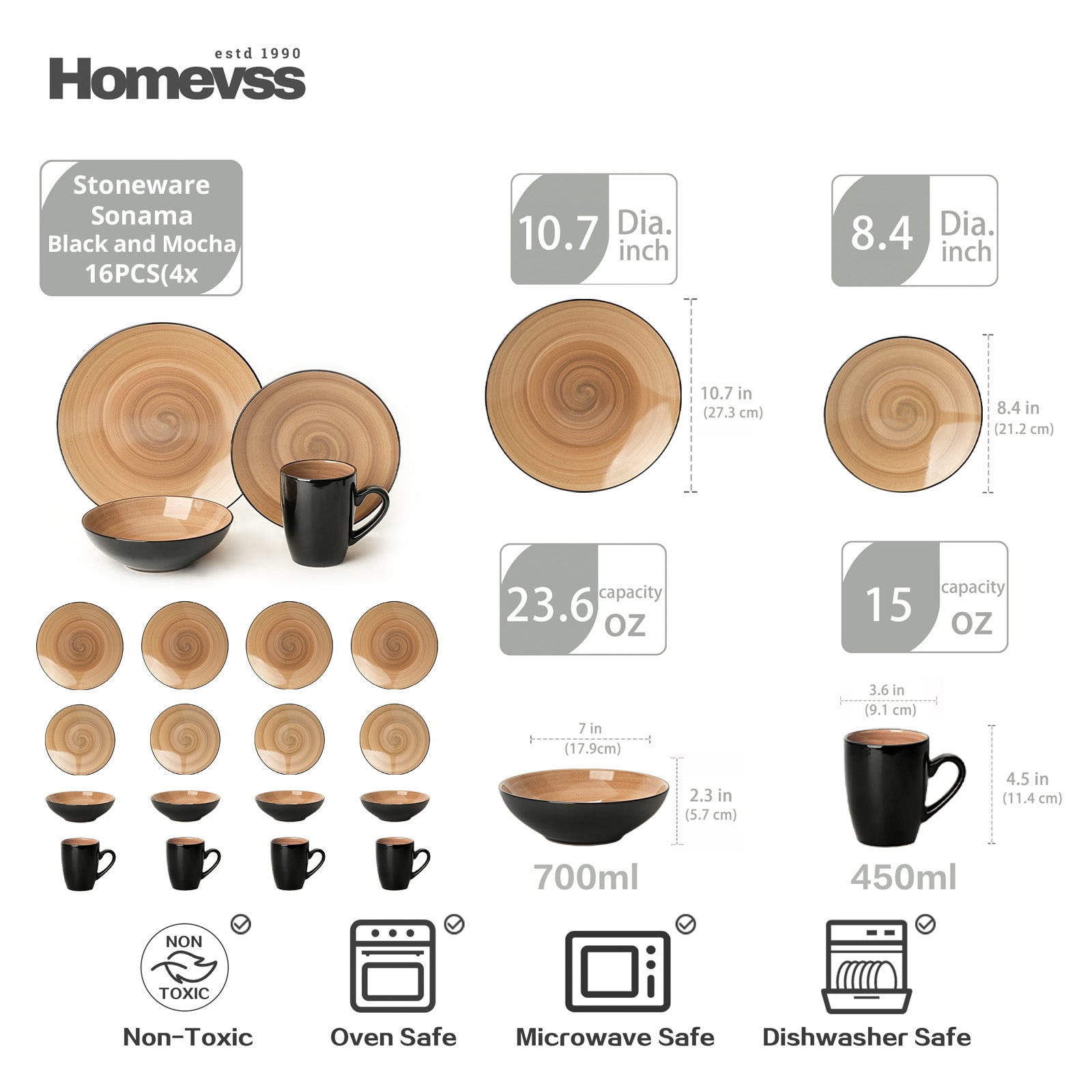 Sonoma mocha reactive glaze stoneware dinnerware set, 16-piece service for 4, includes dinner plates, salad plates, bowls, and mugs, non-toxic, oven safe, microwave safe, dishwasher safe.