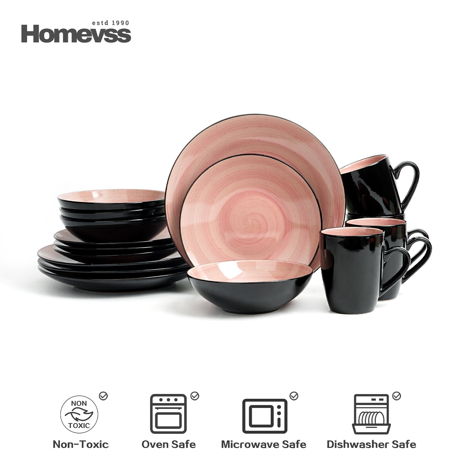 HomeVss Sonoma rose reactive glaze stoneware dinnerware set for 4, 16-piece tableware collection with dinner plates, salad plates, bowls, and mugs; microwave, dishwasher, and oven safe.