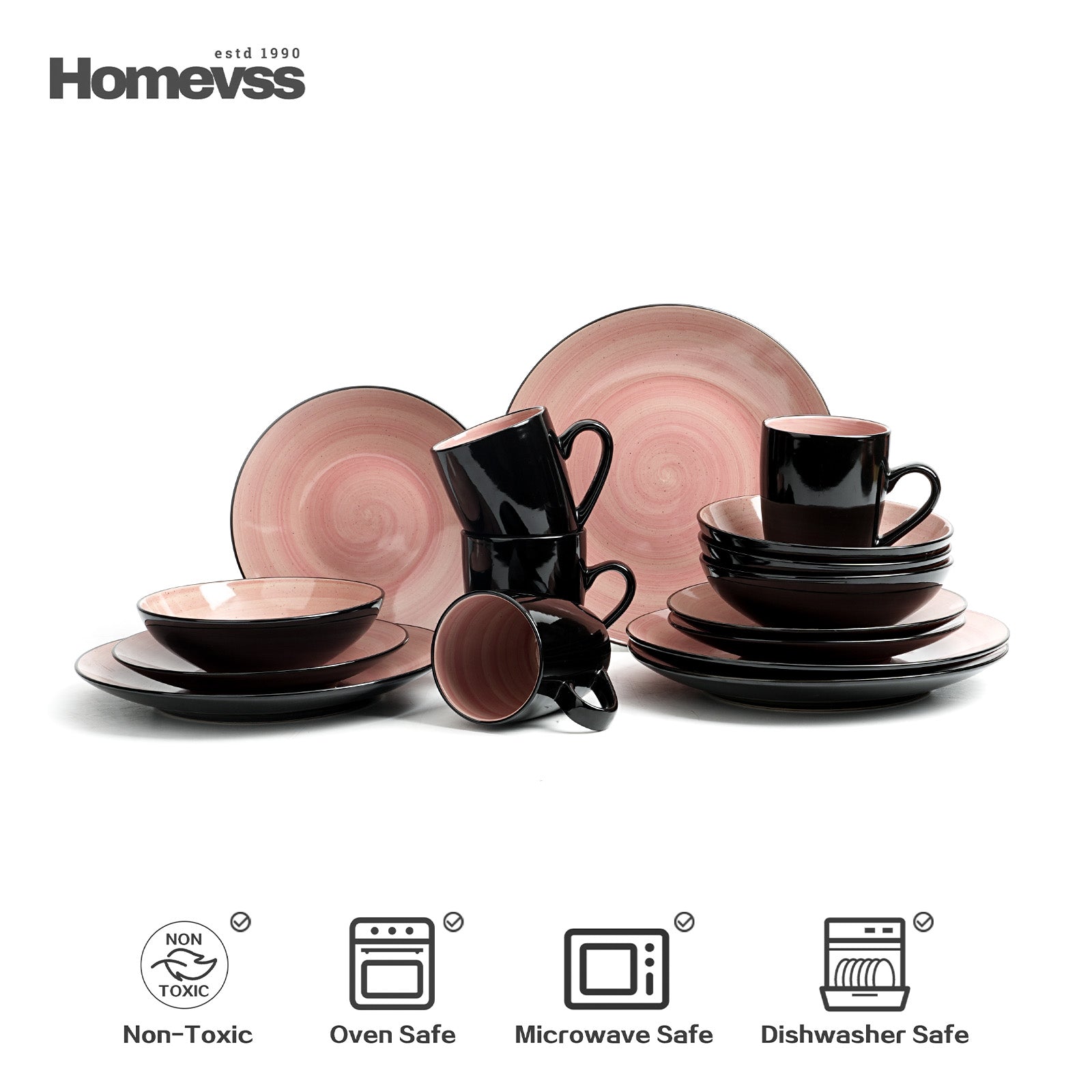 HomeVss Sonoma rose reactive glaze stoneware dinnerware set for 4, 16-piece tableware set with dinner plates, salad plates, bowls, and mugs; dishwasher, microwave, and oven safe, elegant pink swirl design.