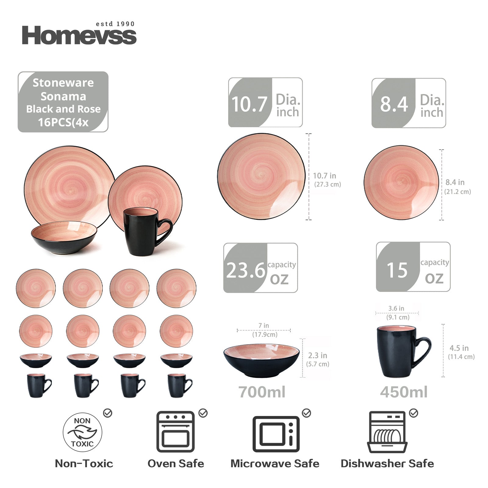 HomeVss Sonoma rose reactive glaze stoneware dinnerware set 16-piece service for 4, includes dinner plates, salad plates, bowls, and mugs; elegant pink swirl design, dishwasher, microwave, and oven safe.
