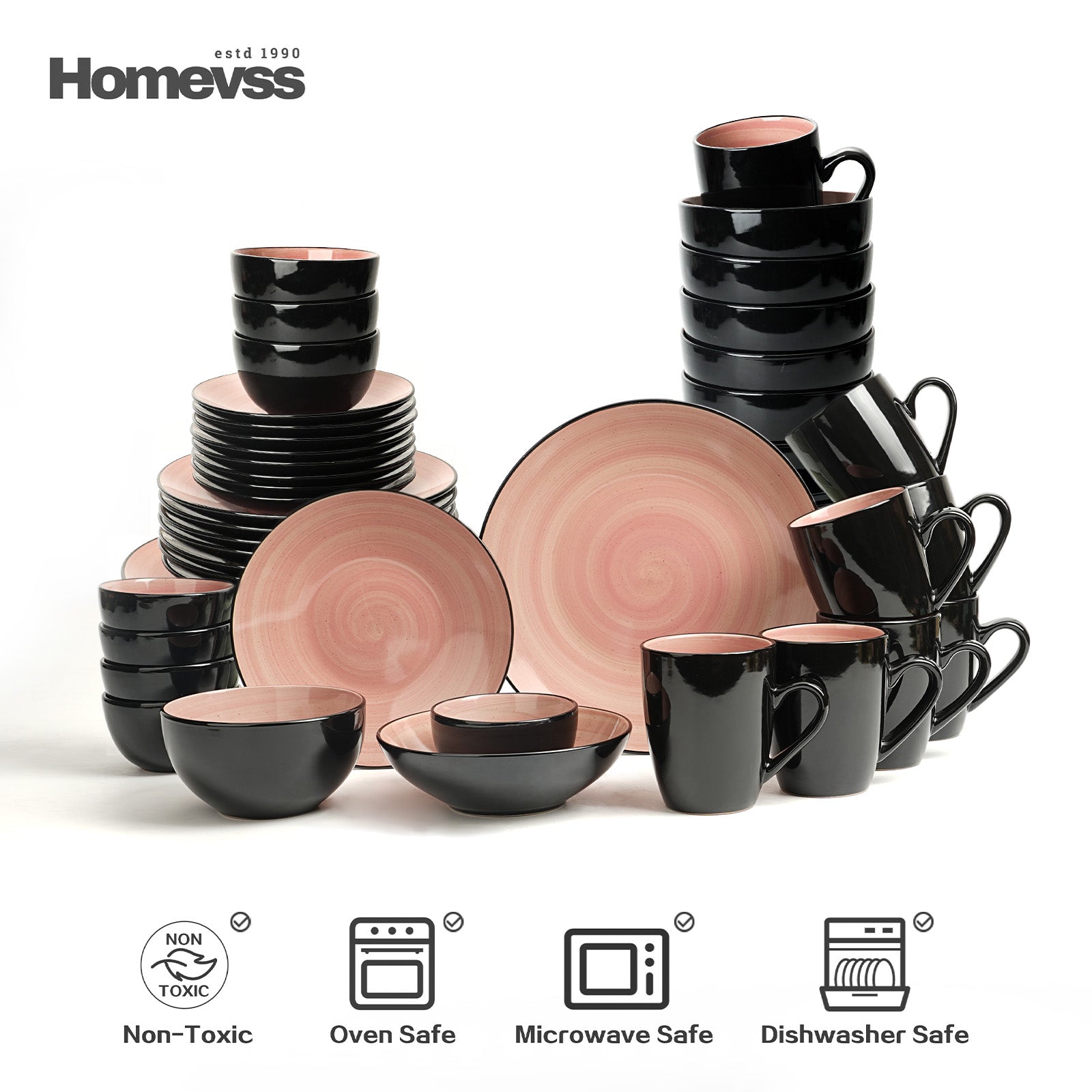 HomeVss Sonoma rose reactive glaze stoneware dinnerware set 48-piece service for 8, includes dinner plates, salad plates, bowls, and mugs; pink swirl ceramic design, non-toxic, dishwasher, microwave, and oven safe.