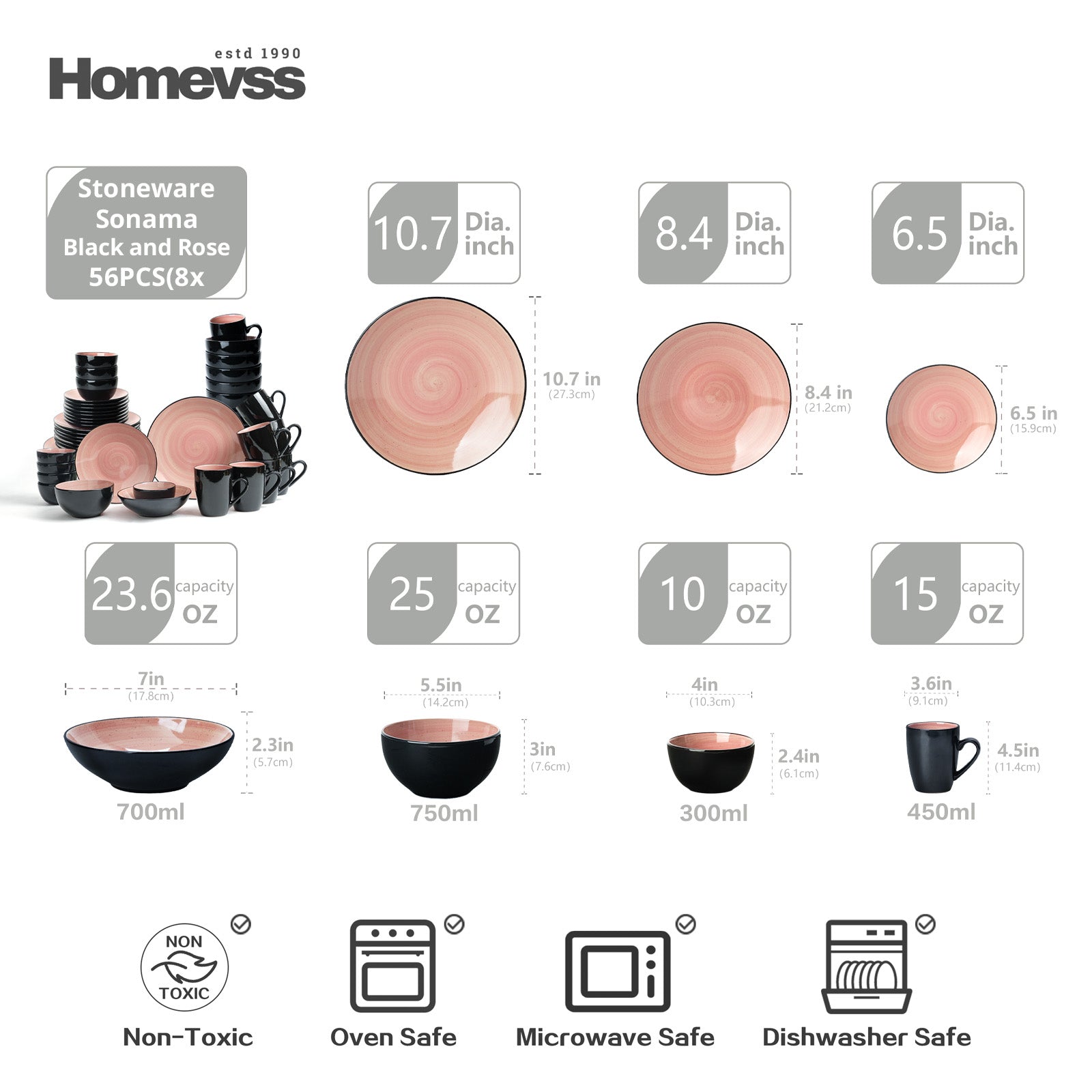 HomeVss Sonoma rose reactive glaze stoneware dinnerware set 56pcs service for 8, pink swirl plates bowls mugs, dishwasher microwave oven safe