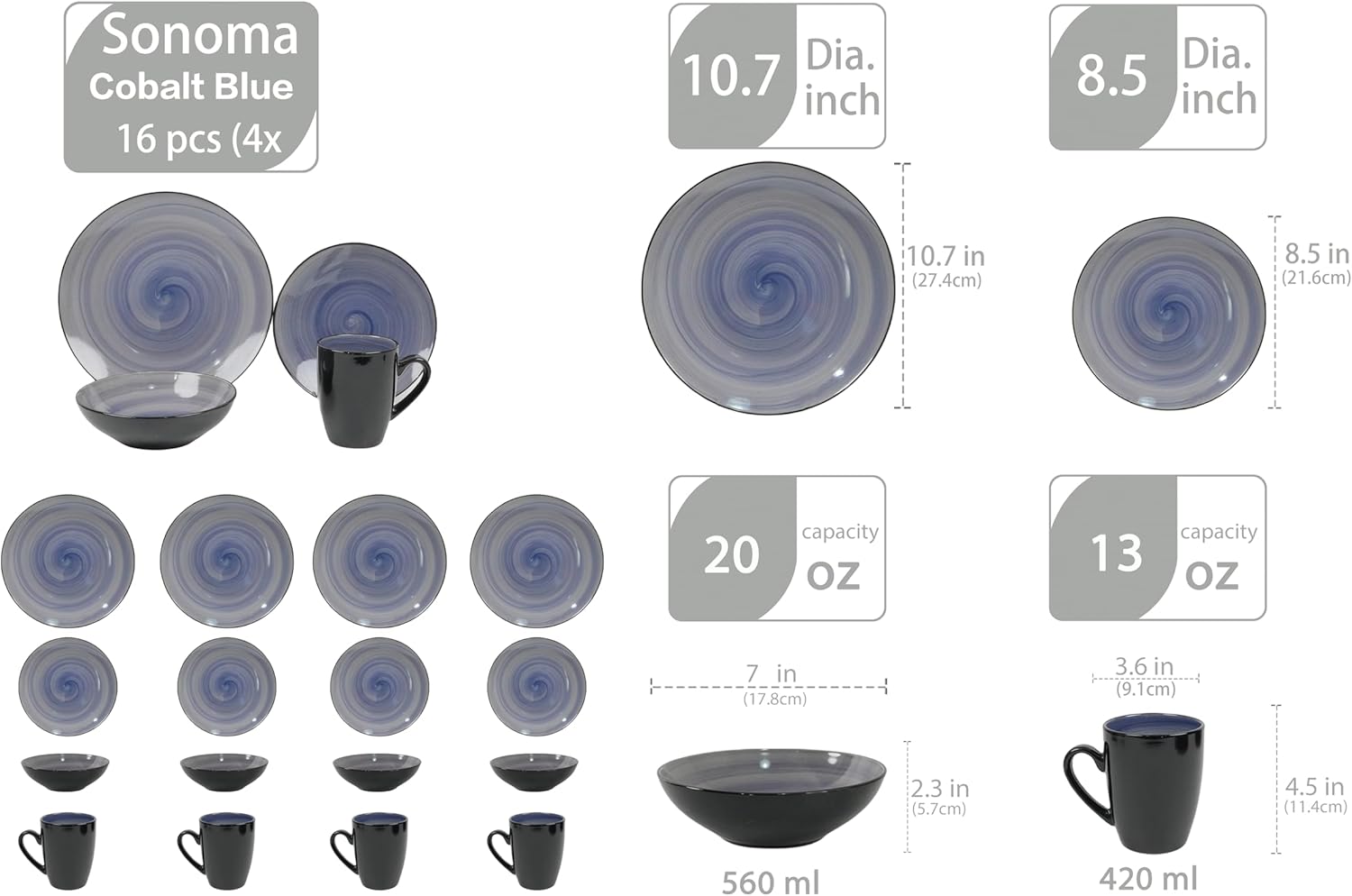 Sonoma cobalt blue reactive glaze stoneware dinnerware set for 4 size guide showing plates, bowls, and mugs dimensions and capacities in inches, ounces, and milliliters.