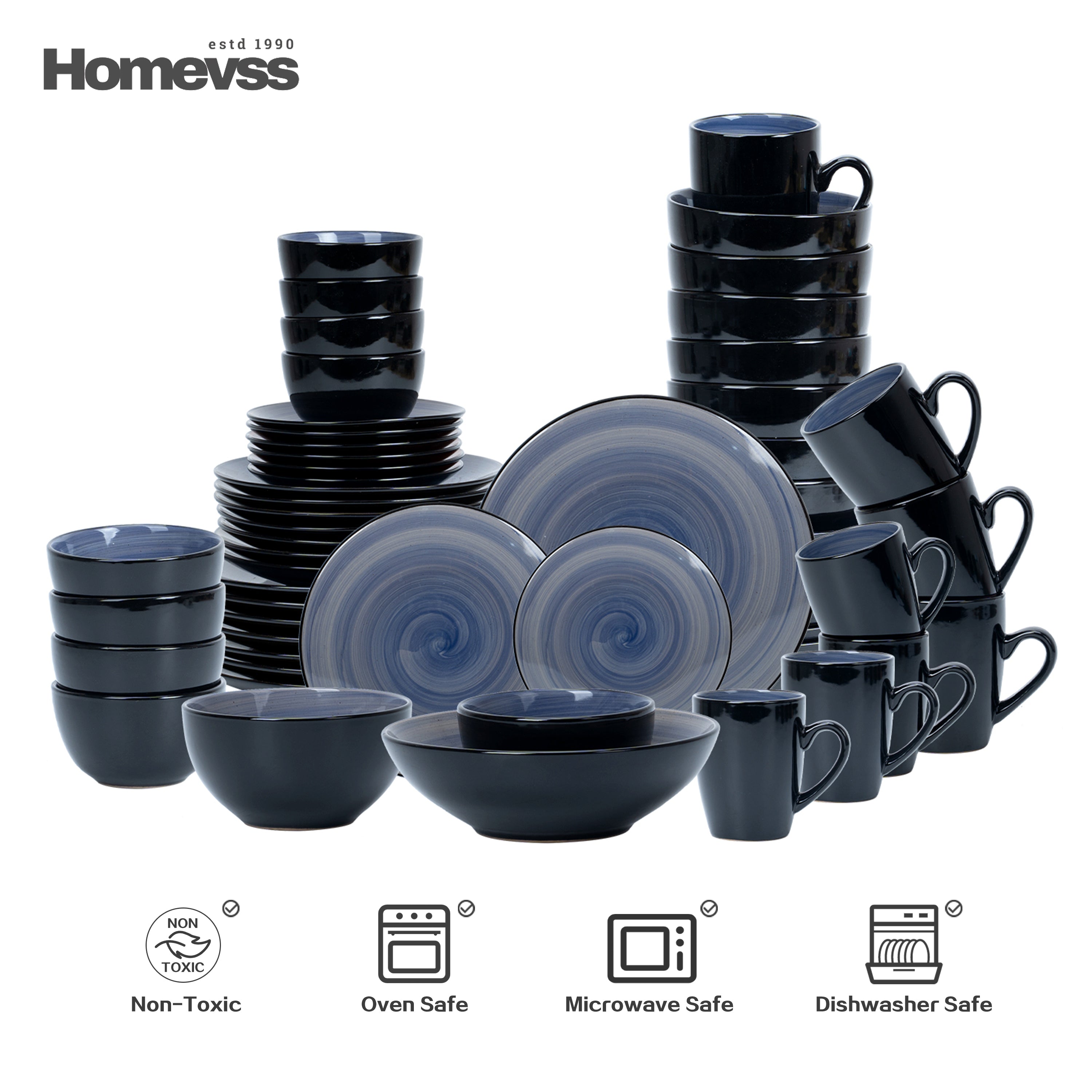 Sonoma cobalt blue reactive glaze stoneware dinnerware set for 8 with plates, bowls, and mugs – durable, non-toxic, oven safe, microwave safe, and dishwasher safe.