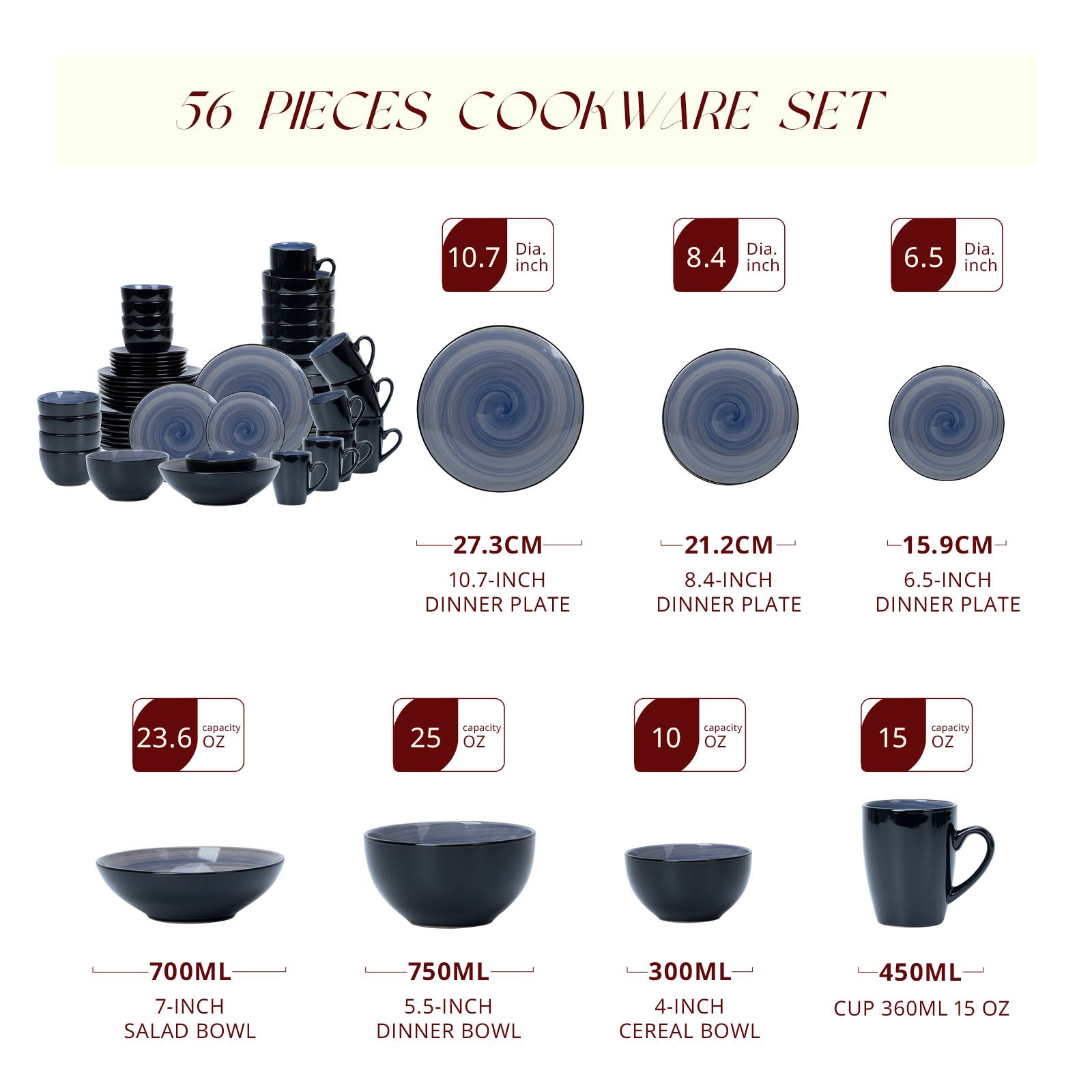 Size guide of Sonoma cobalt blue reactive glaze stoneware dinnerware set for 8, including 10.7-inch and 8.4-inch plates, bowls, and mugs.