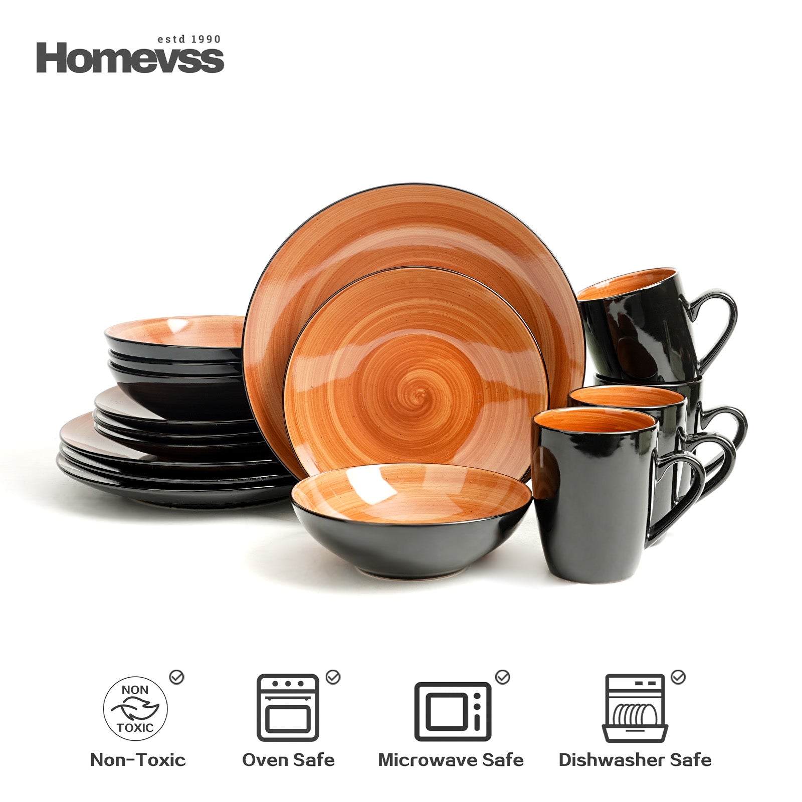 HomeVss Sonoma Spice reactive glaze stoneware dinnerware set 16pcs, service for 4, includes plates bowls mugs, dishwasher safe, microwave safe, modern ceramic dinner set
