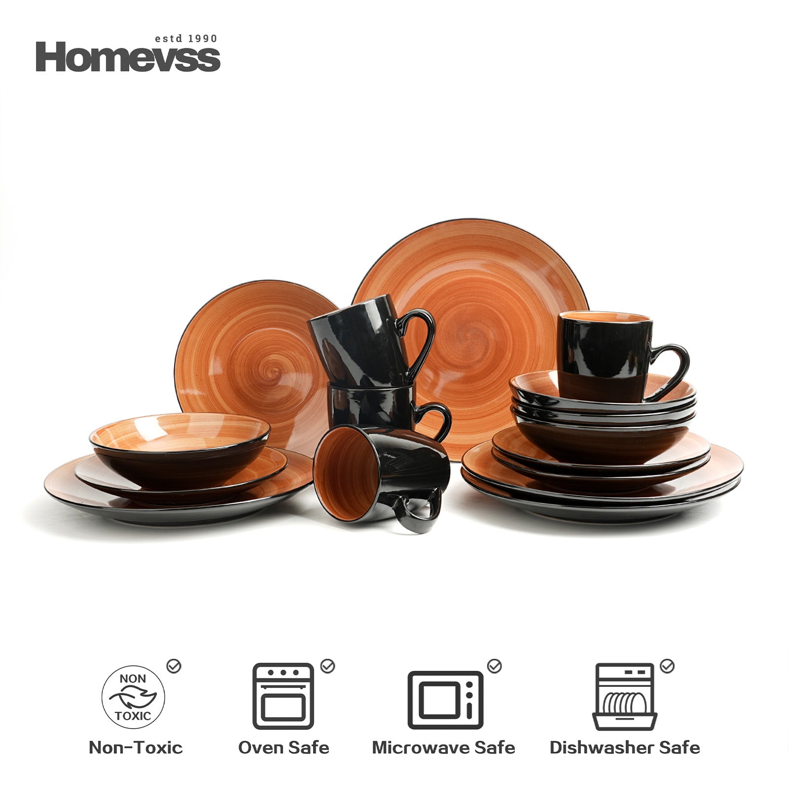 HomeVss Sonoma Spice stoneware dinnerware set 16pcs, service for 4, reactive glaze ceramic plates bowls mugs, dishwasher safe, microwave safe, modern dinner set