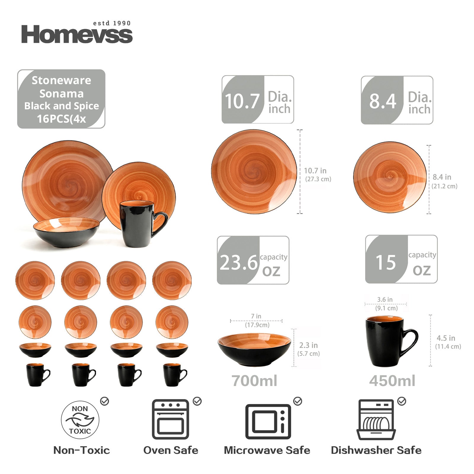 HomeVss Sonoma Spice stoneware dinnerware set 16pcs service for 4, size guide with plate bowl mug dimensions, reactive glaze ceramic, dishwasher safe, microwave safe