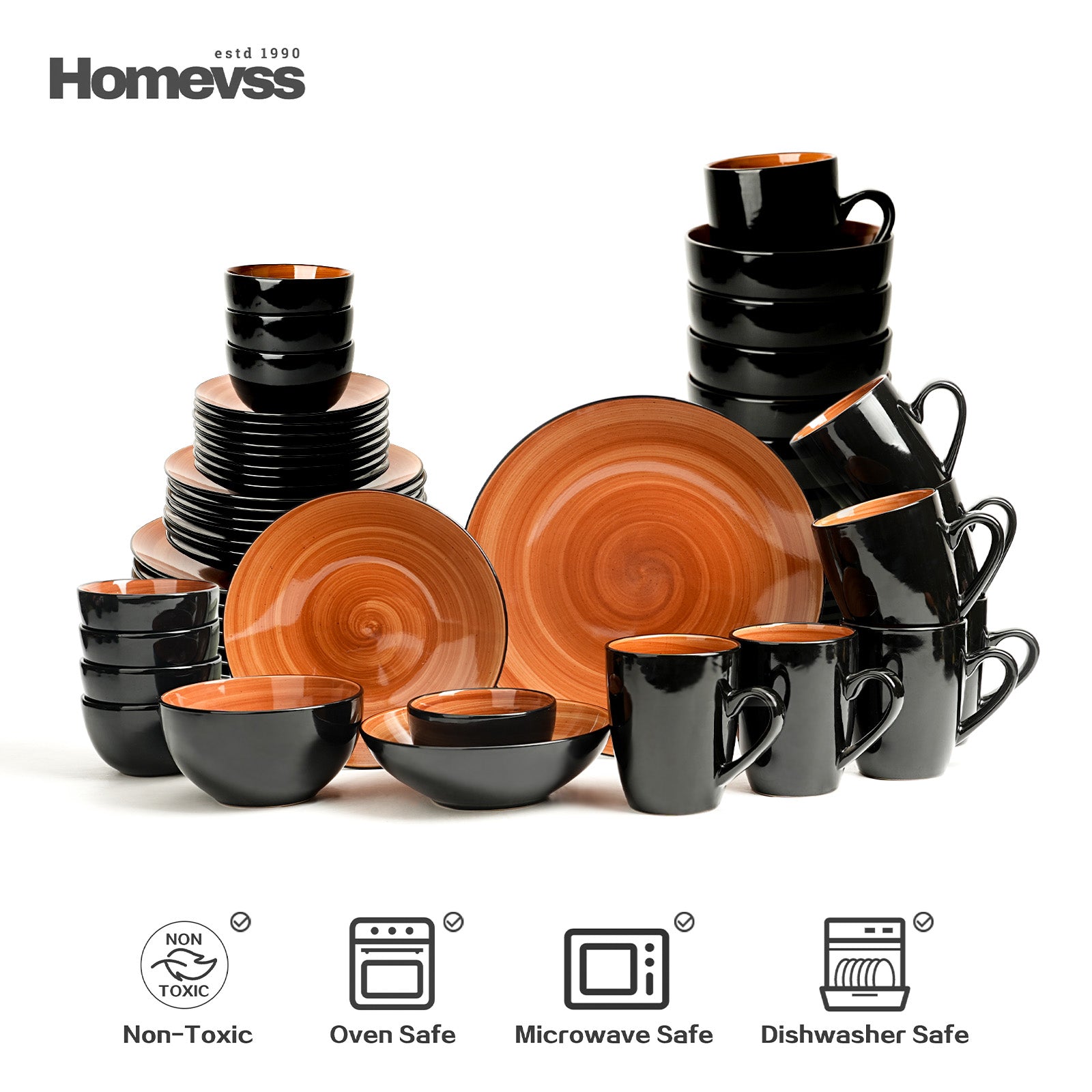 HomeVss Sonoma Spice stoneware dinnerware set 56pcs service for 8, black and orange reactive glaze plates bowls mugs, microwave and dishwasher safe