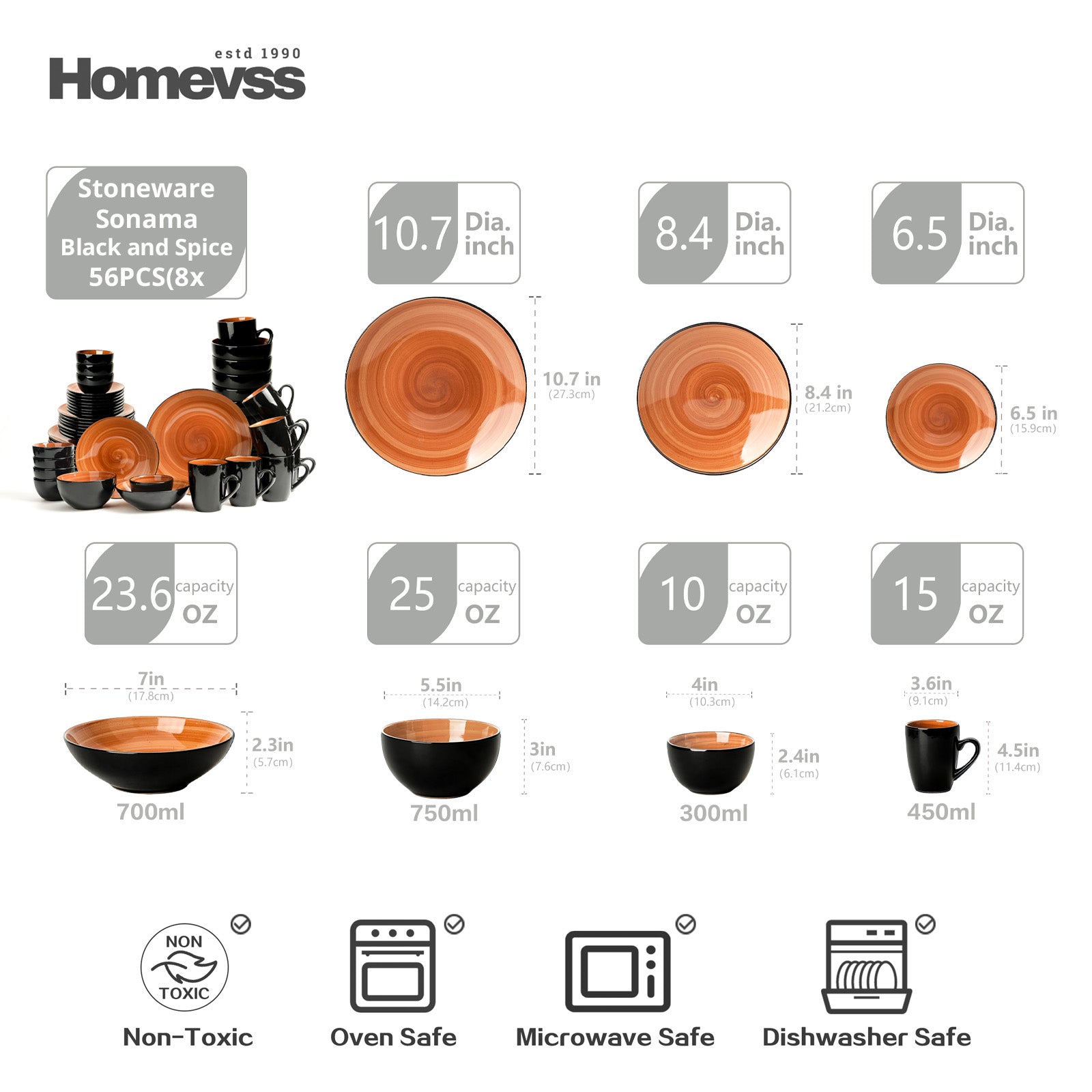 HomeVss Sonoma Spice black and orange stoneware dinnerware set 56pcs service for 8, reactive glaze plates bowls mugs, microwave dishwasher oven safe