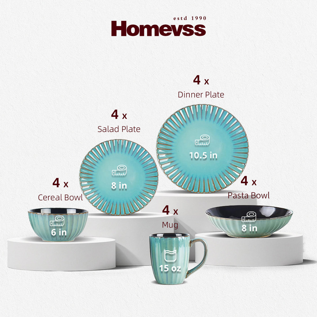 Homevss ceramic tableware set displayed on white pedestals against a light gray background, including dinner plates, salad plates, cereal bowls, pasta bowls, and a mug with size and capacity labels.