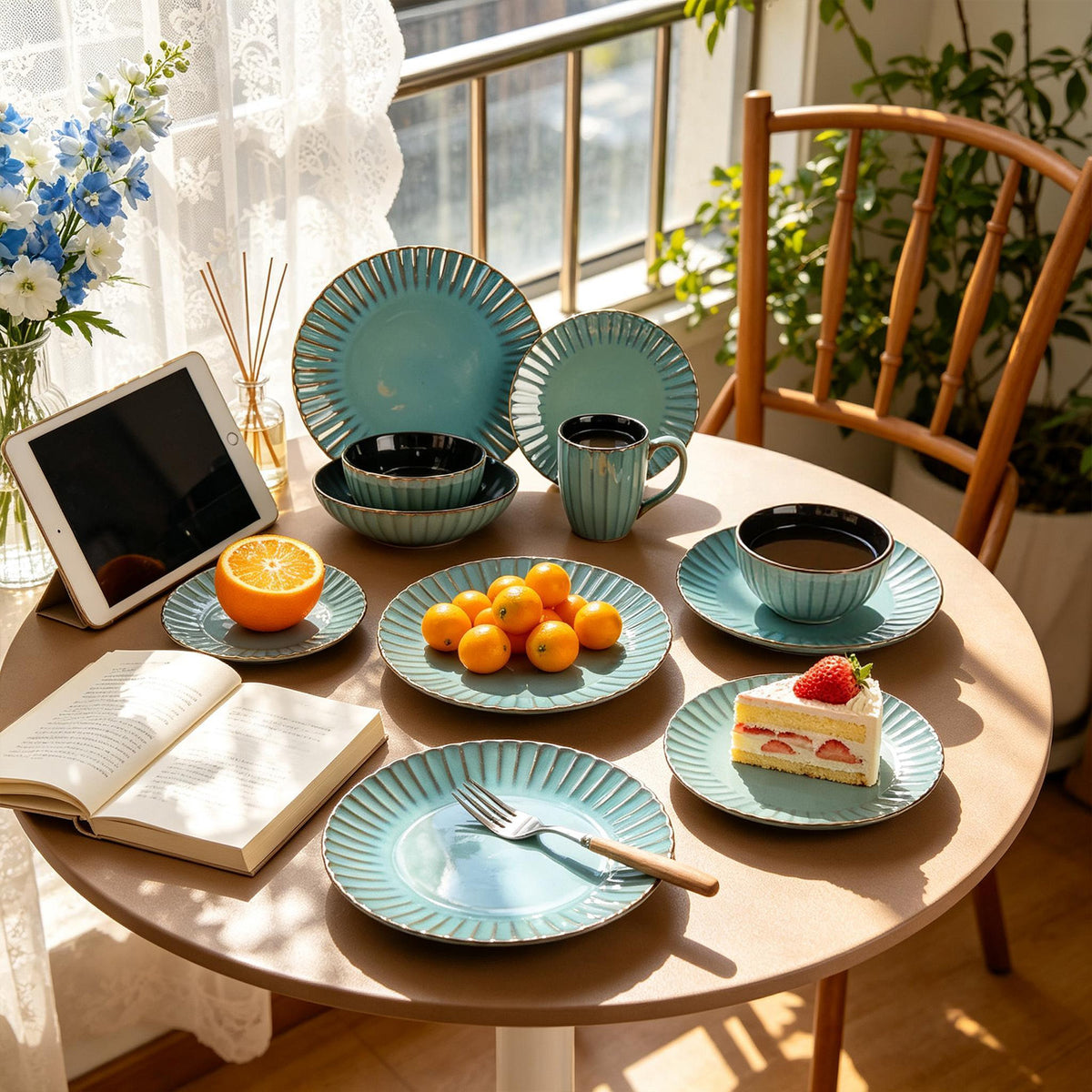 A coordinated set of turquoise and black ceramic tableware arranged on a round wooden table in a bright indoor setting. The set includes plates, bowls, a mug, and a cup with matching saucers.