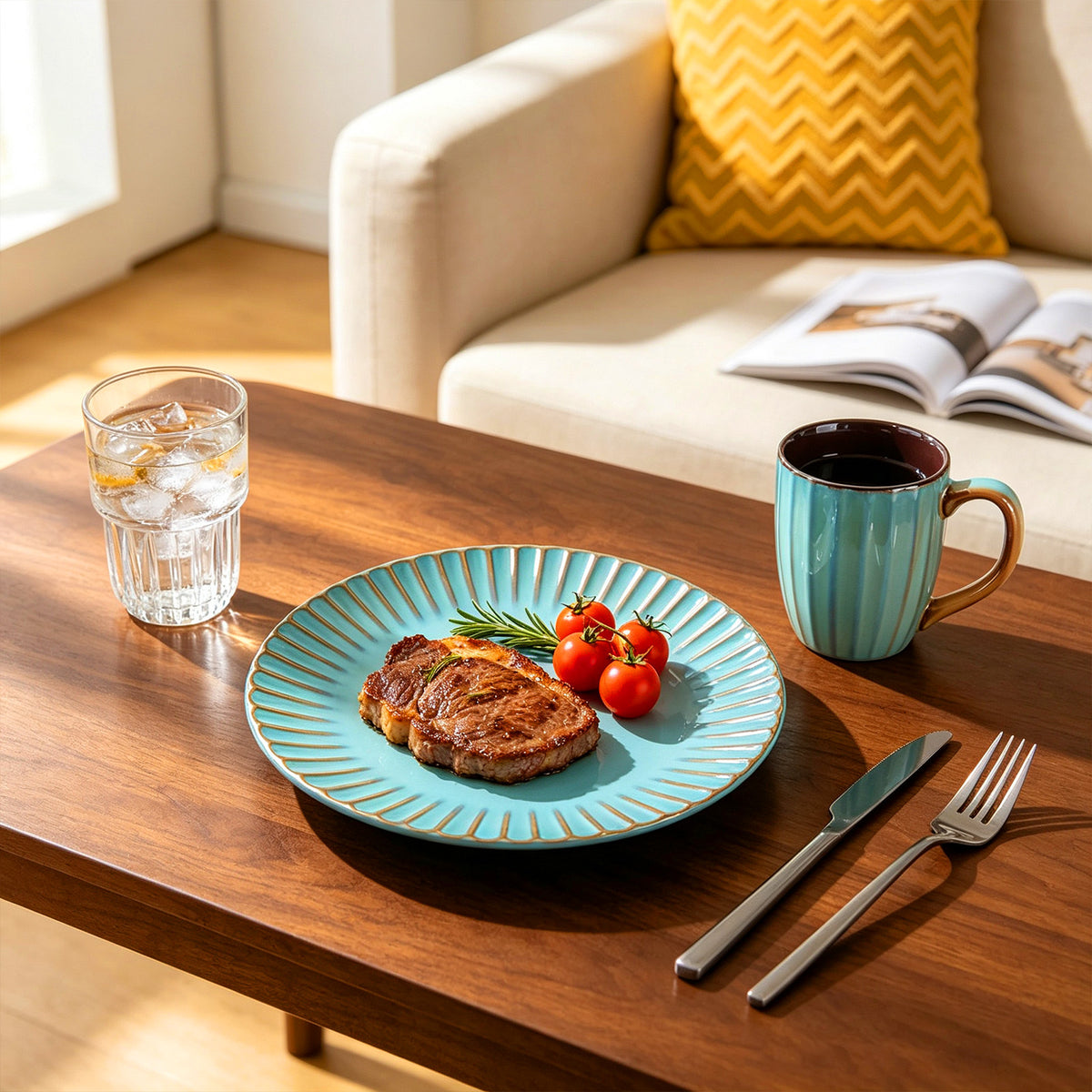 A light blue ceramic plate with a scalloped rim and gold-toned ridges, styled on a wooden table with a steak, cherry tomatoes, a glass of water, and a matching blue mug in a bright living room setting.