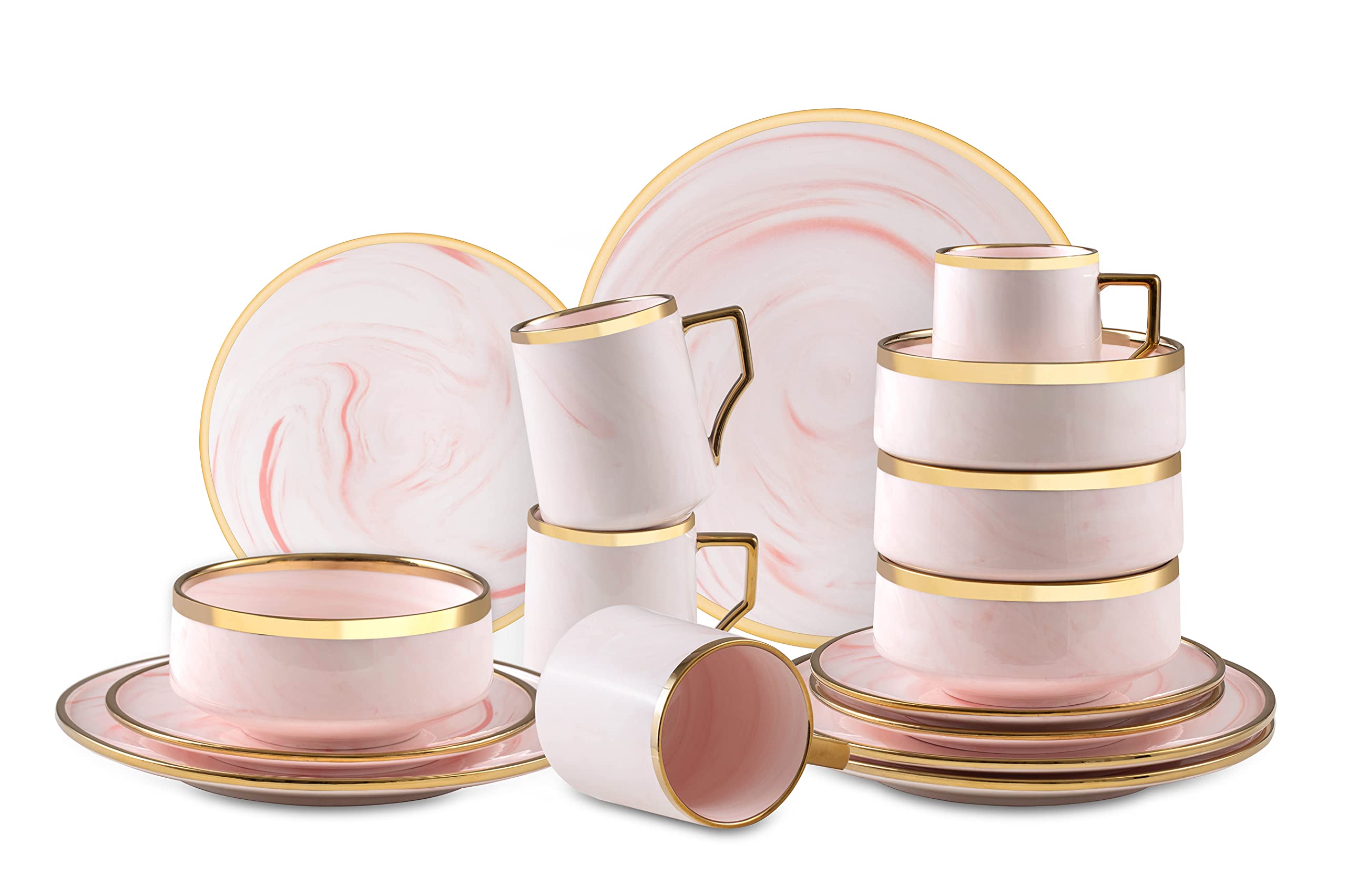 Artisan Marbled Fine China Dinnerware Set,Gold-Rim
