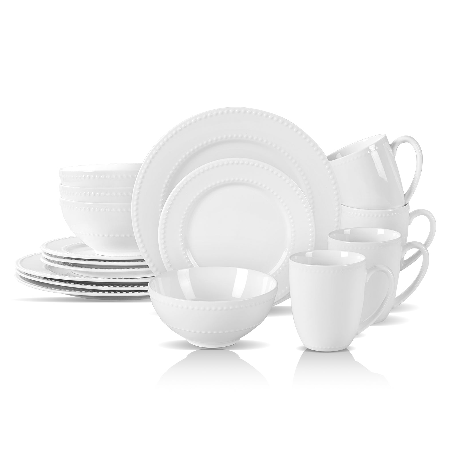 Embossed Pearl Dots Beaded Rim Bone China Dinnerware Set with Mugs