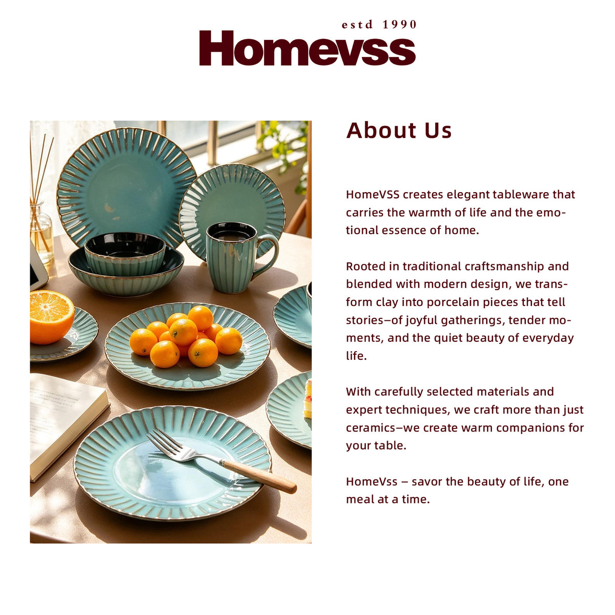 Homevss ceramic tableware set displayed on a tabletop, including plates, bowls, a mug, and a fork, with orange slices and small oranges as props. The right side contains an 'About Us' text section with the Homevss brand name and product description.