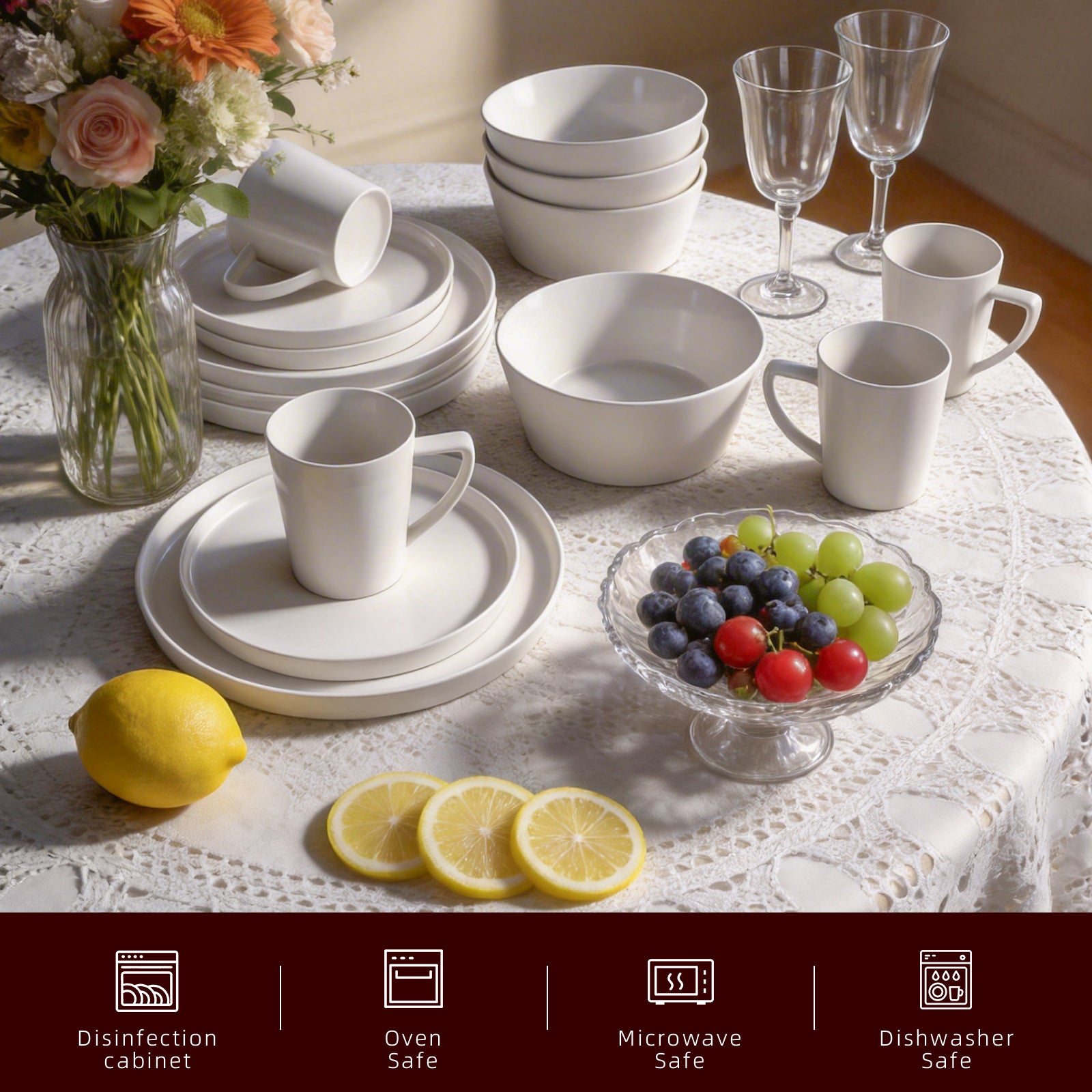 White ceramic tableware set on a table with fruit and lemons, featuring safety icons at the bottom.