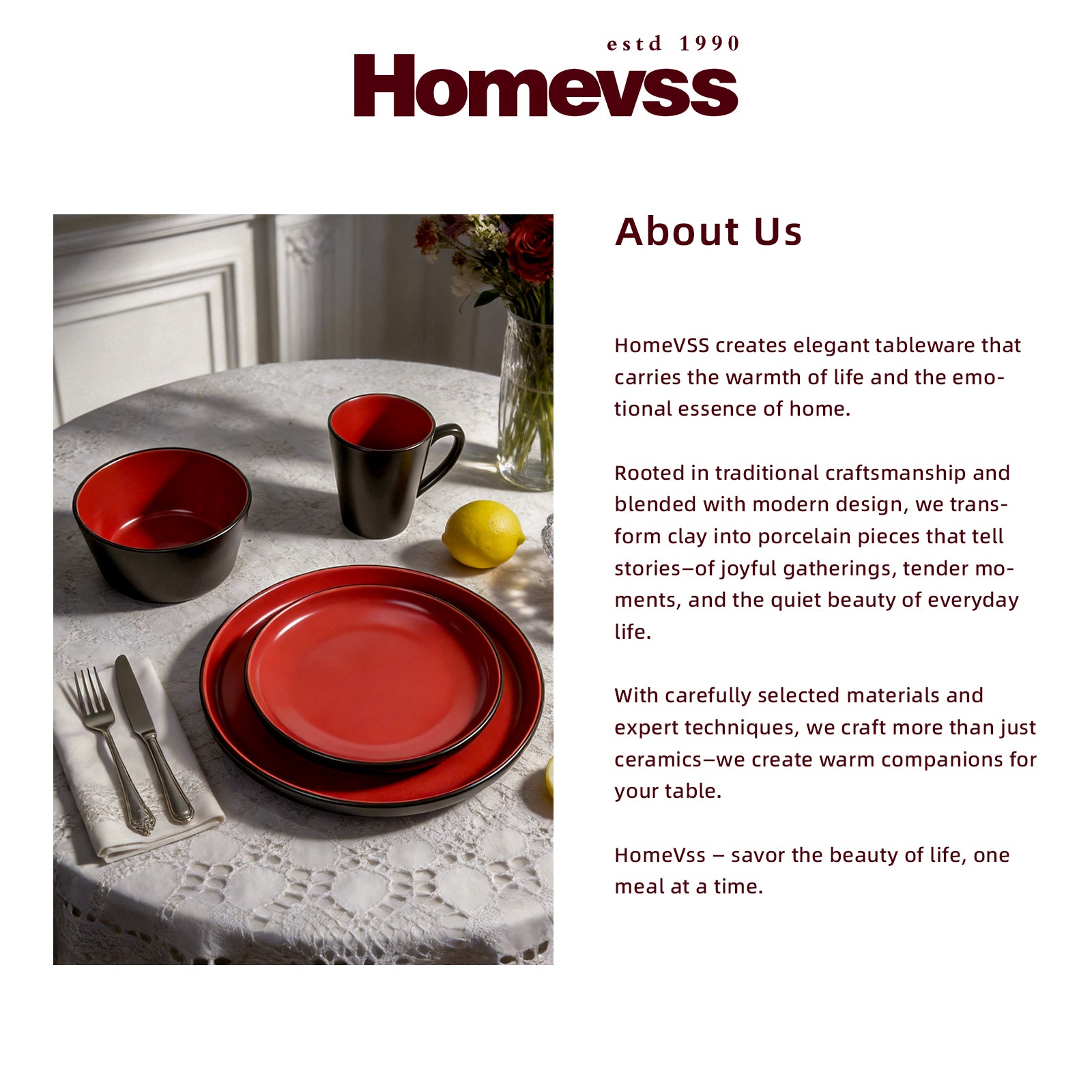 Red ceramic tableware set on a table with Homevss branding and description.