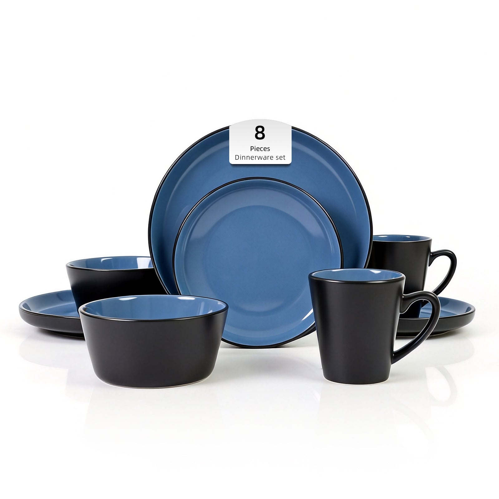 Blue and black dinnerware set with eight pieces on a white background