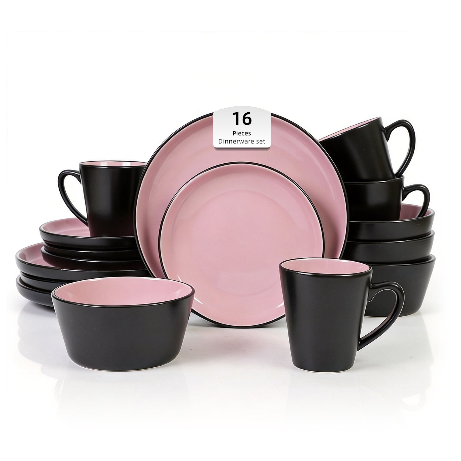 16-piece dinnerware set with pink and black dishes on a white background