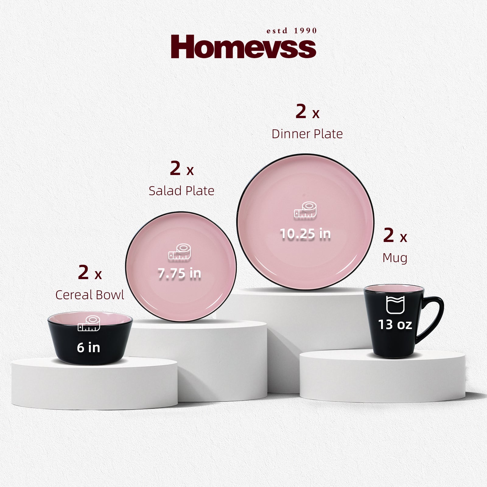 Set of pink ceramic plates and bowls with a black mug on a white background, featuring the brand 'Homevss'.