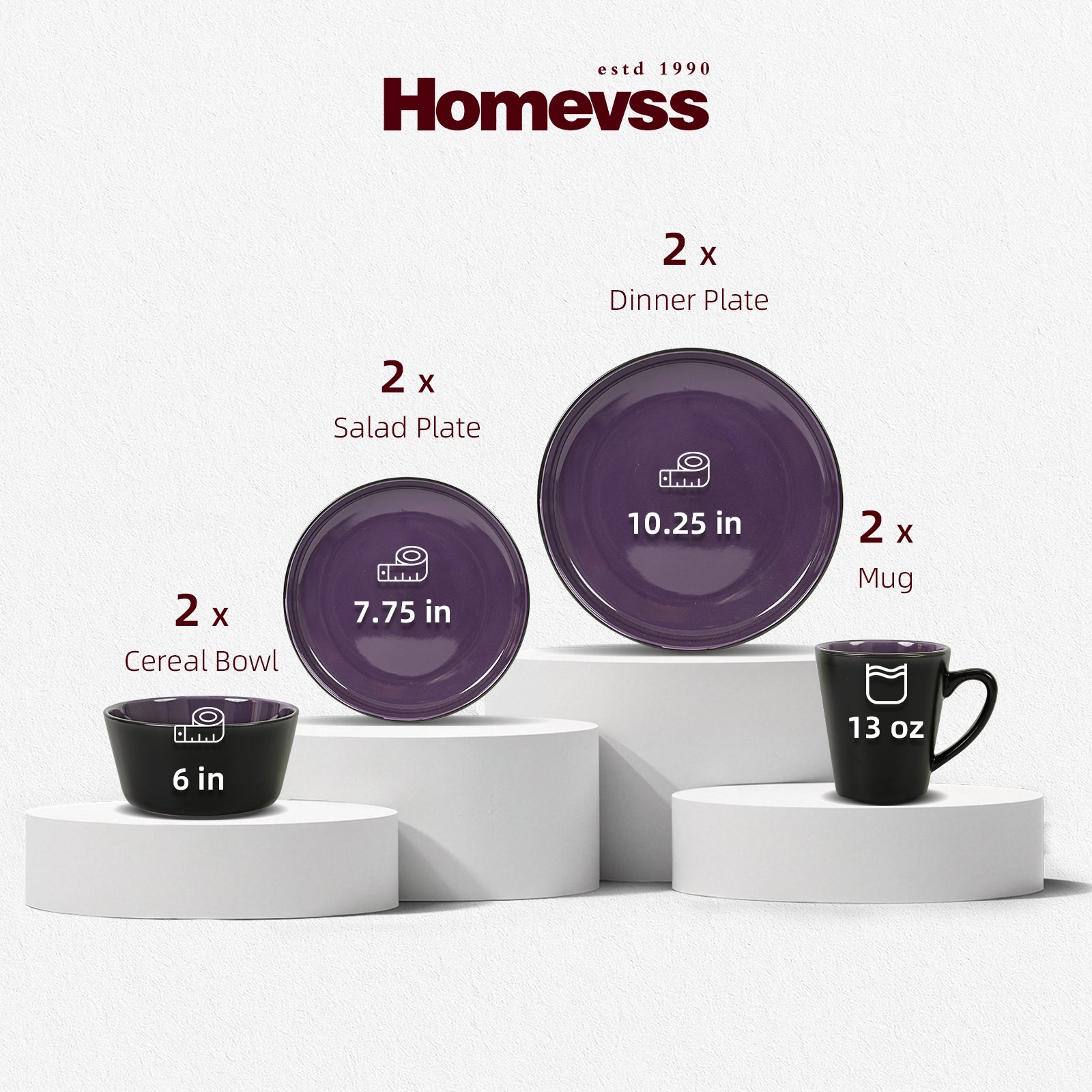 Set of purple dinnerware with measurements and 'Homevss' branding on a white background