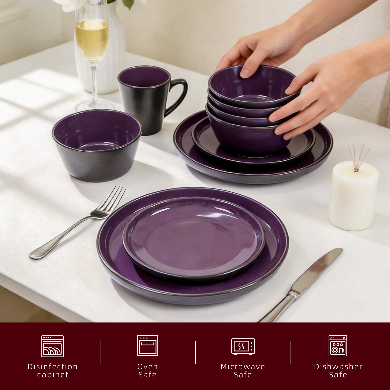 Purple dinnerware set on a table with a hand arranging the bowls.