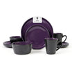 Purple and black dinnerware set on a white background