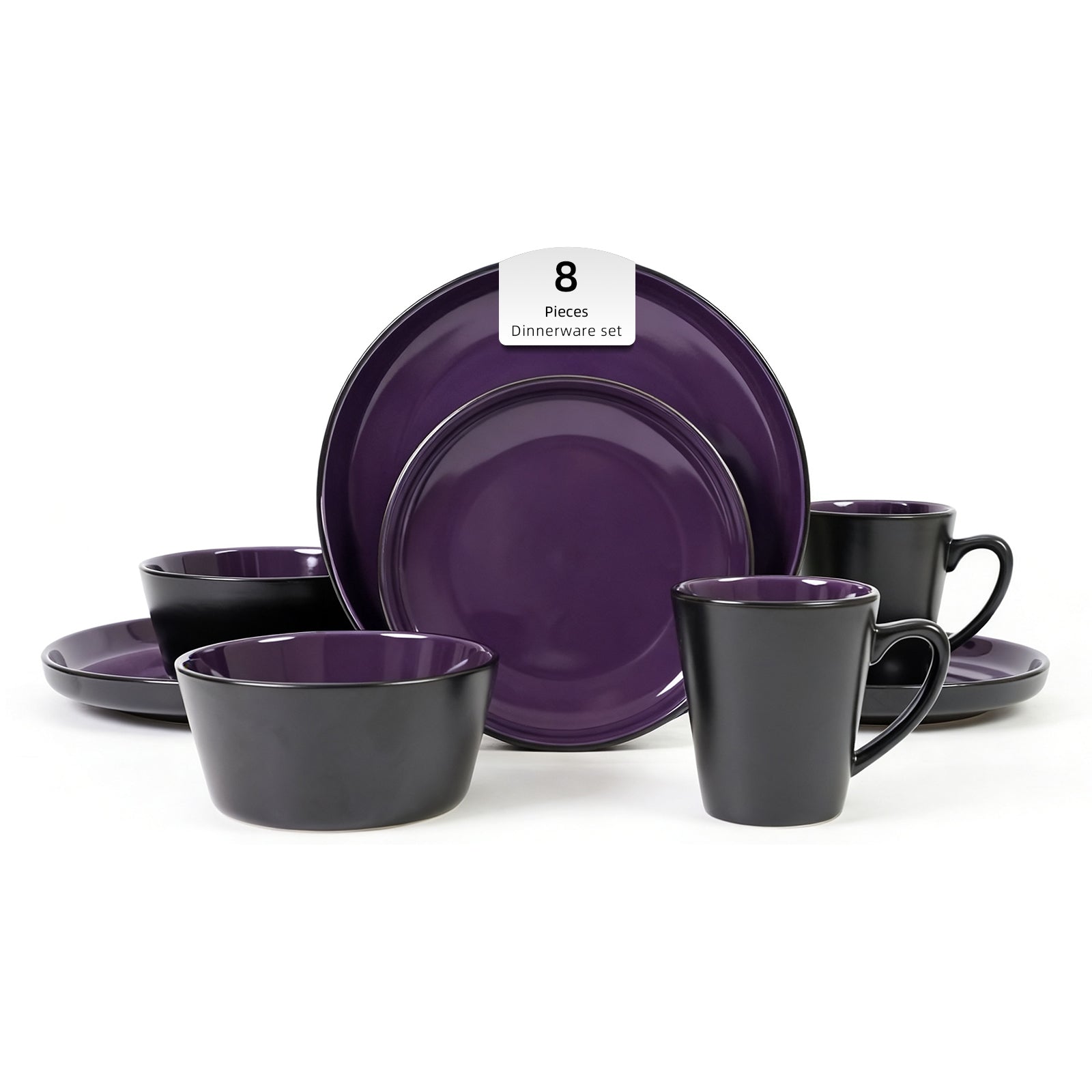 Purple and black dinnerware set on a white background