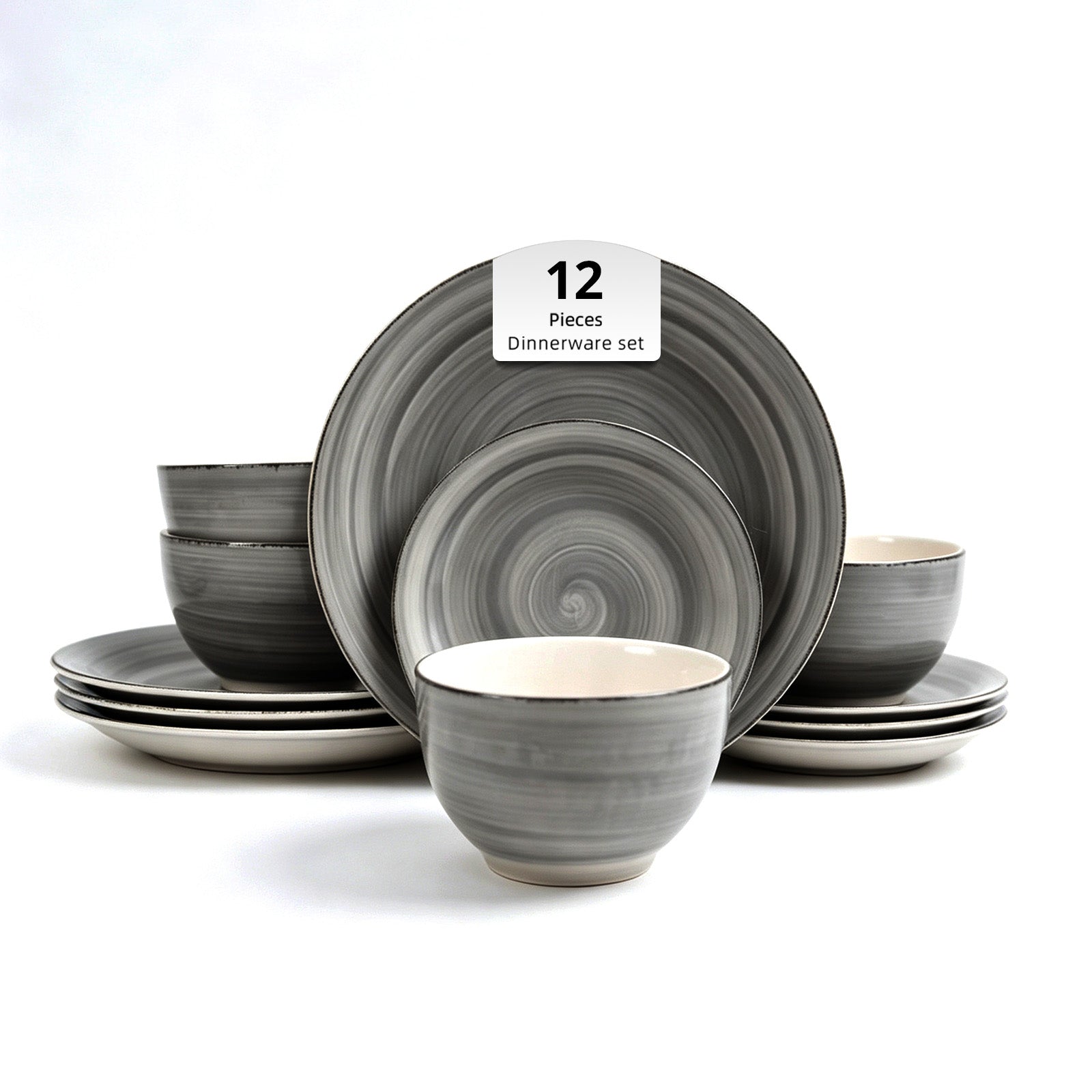ColorSwirl 12-piece stoneware dinnerware set in Swirl Grey