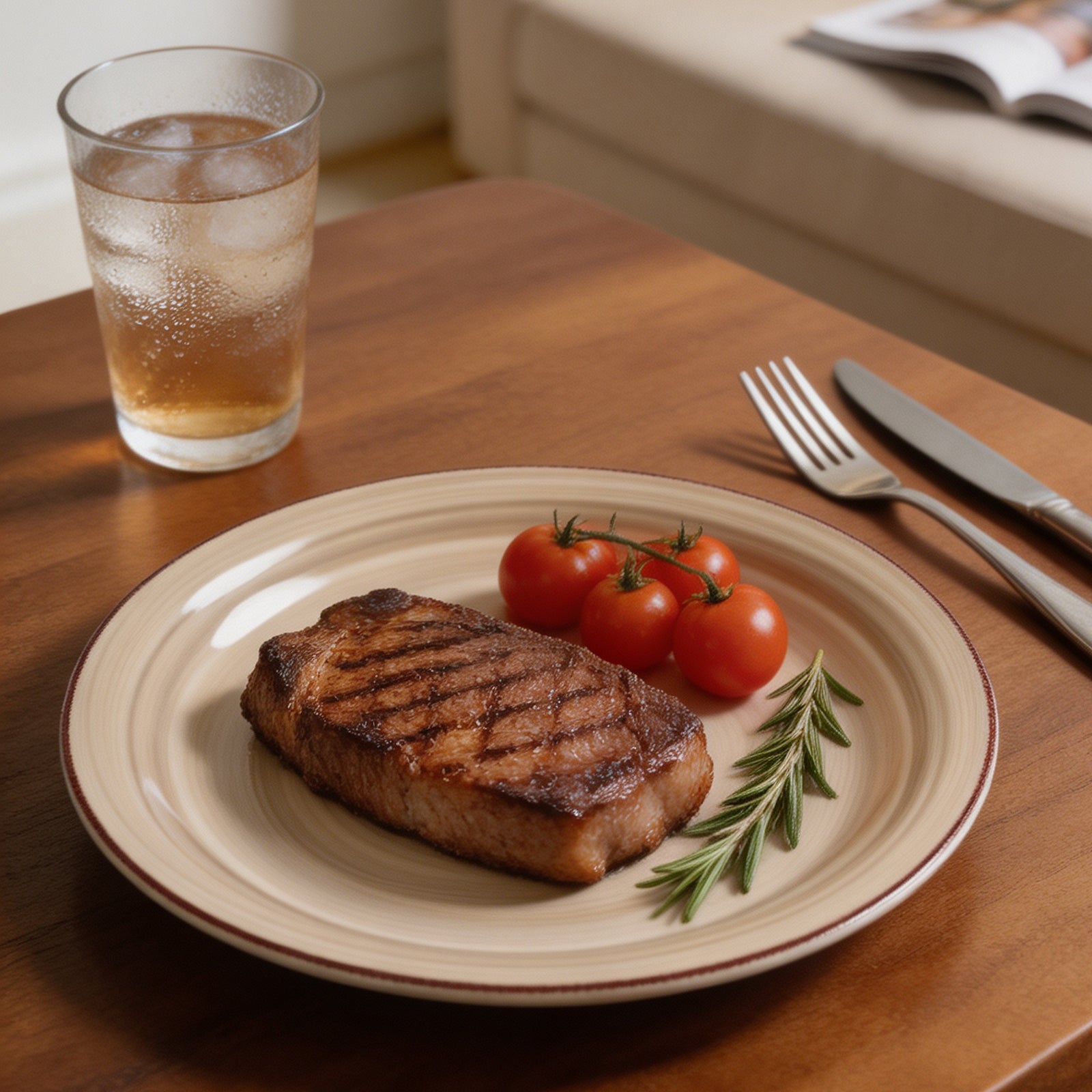 A beige ceramic plate with a brown rim, styled with a grilled steak, cherry tomatoes, rosemary, a glass of iced tea, and silverware on a wooden table.