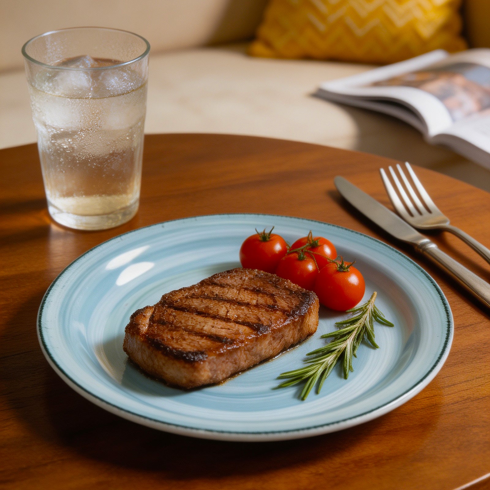 A grilled steak on a light blue plate with cherry tomatoes and rosemary, set on a wooden table next to a glass of water, a fork, and a knife, with a magazine in the background.
