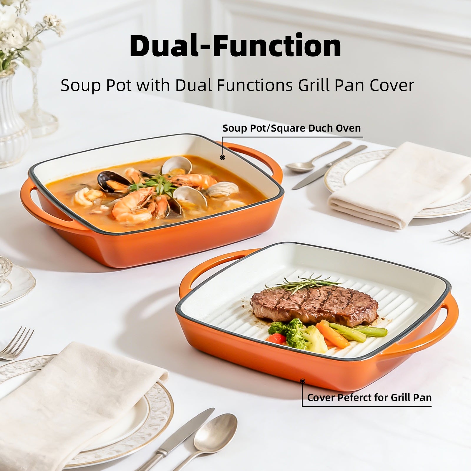 7-Quart Square Enameled Cast Iron Double Dutch Oven