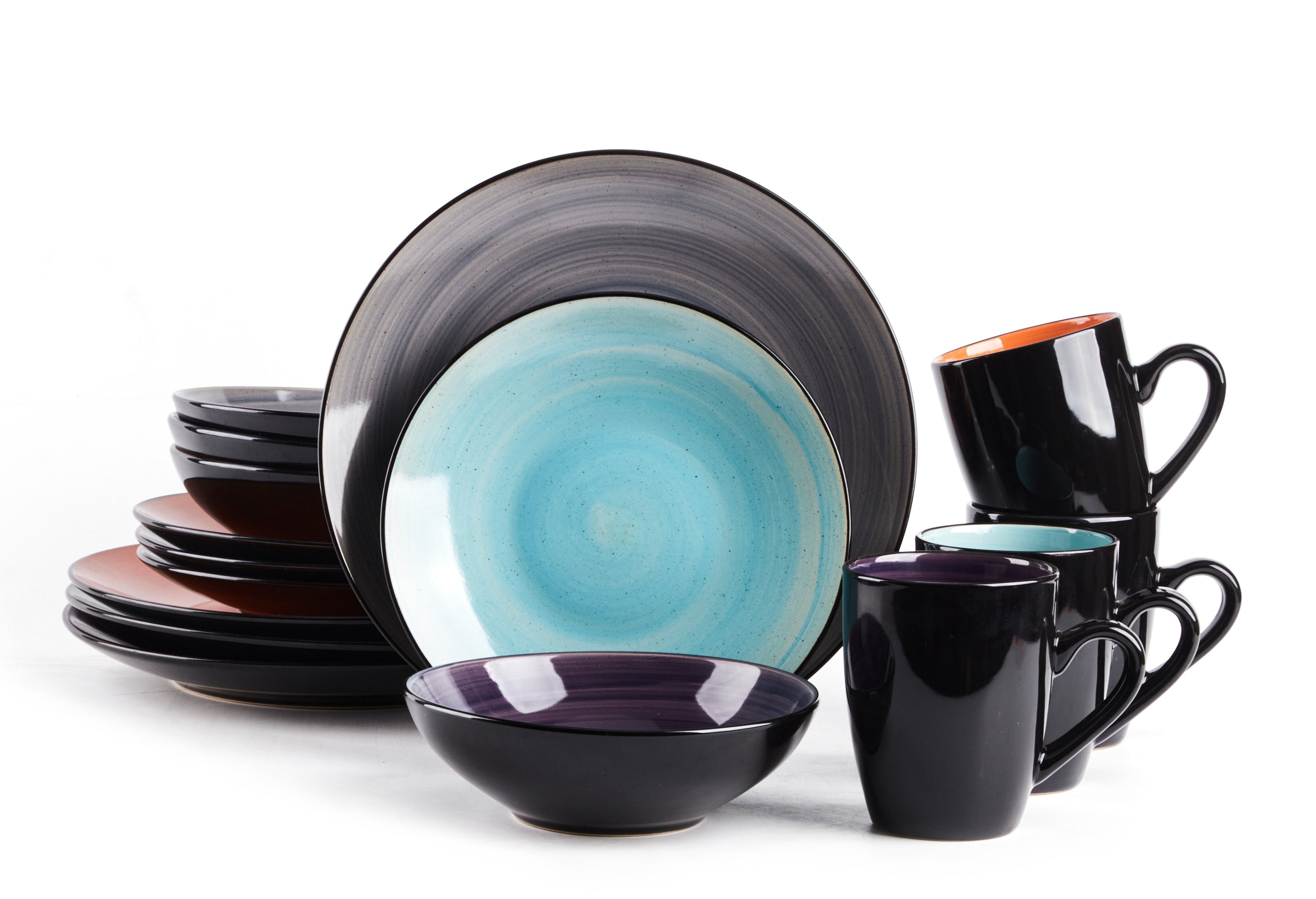 HomeVss Sonoma mixed colors reactive glaze stoneware dinnerware set 16pcs service for 4, includes plates bowls mugs in purple turquoise orange grey, modern ceramic dinner set microwave safe dishwasher safe oven safe