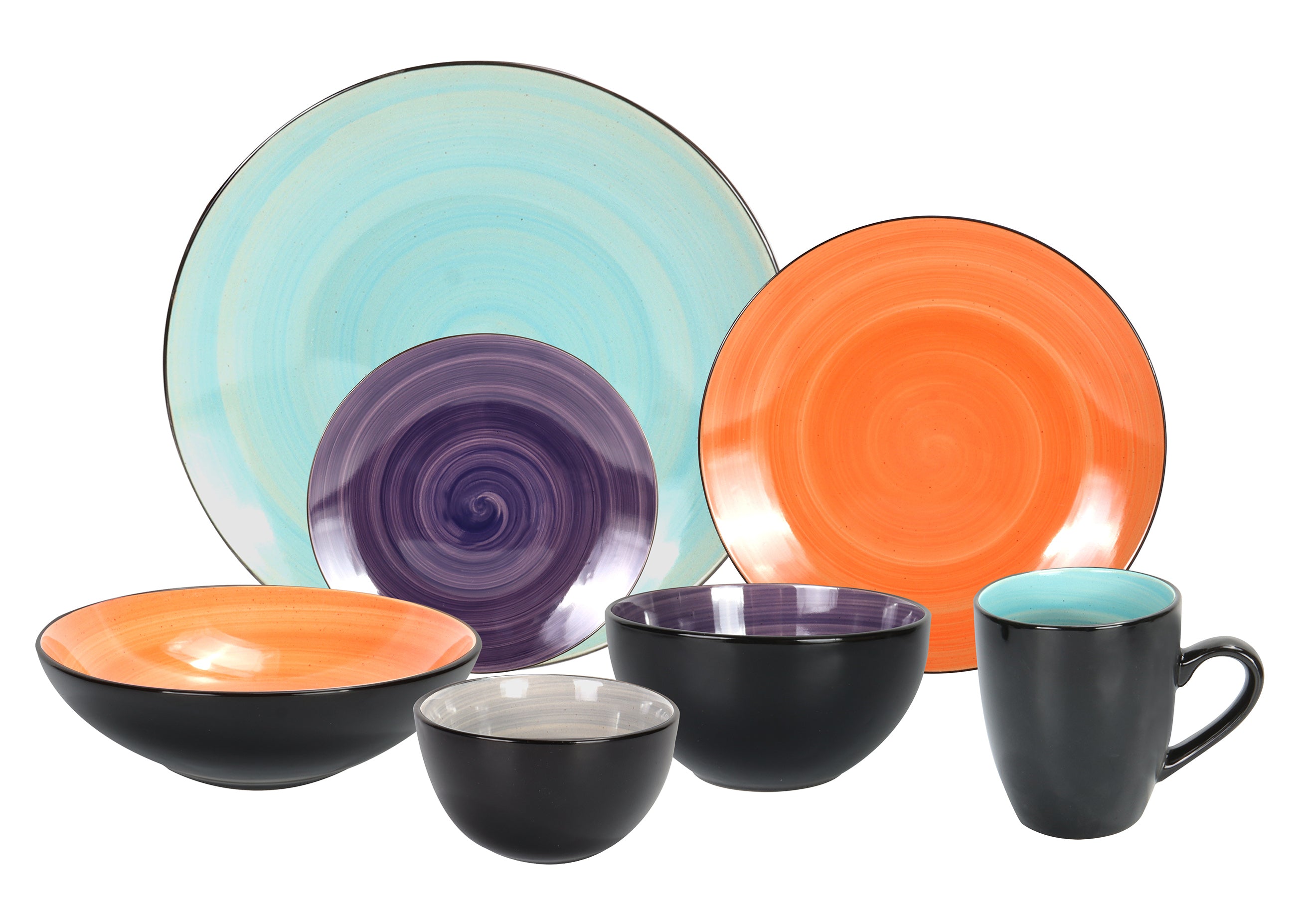 HomeVss Sonoma mixed colors reactive glaze stoneware dinnerware set 56pcs service for 8, includes plates bowls mugs in purple turquoise orange grey, modern ceramic dinner set microwave safe dishwasher safe oven safe