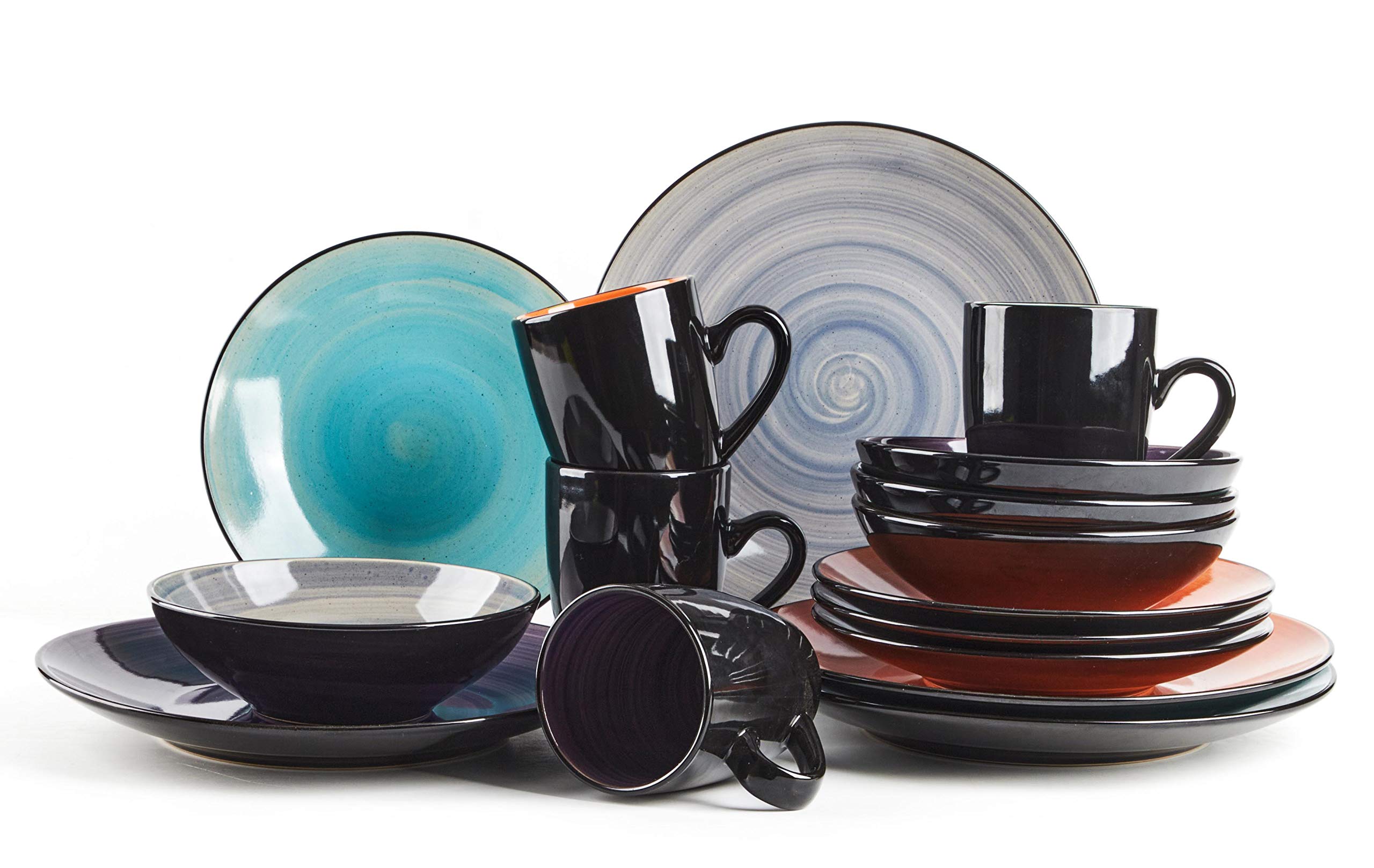 HomeVss Sonoma mixed colors reactive glaze stoneware dinnerware set 16pcs service for 4, includes plates bowls mugs in purple turquoise orange grey, modern ceramic dinner set microwave safe dishwasher safe oven safe