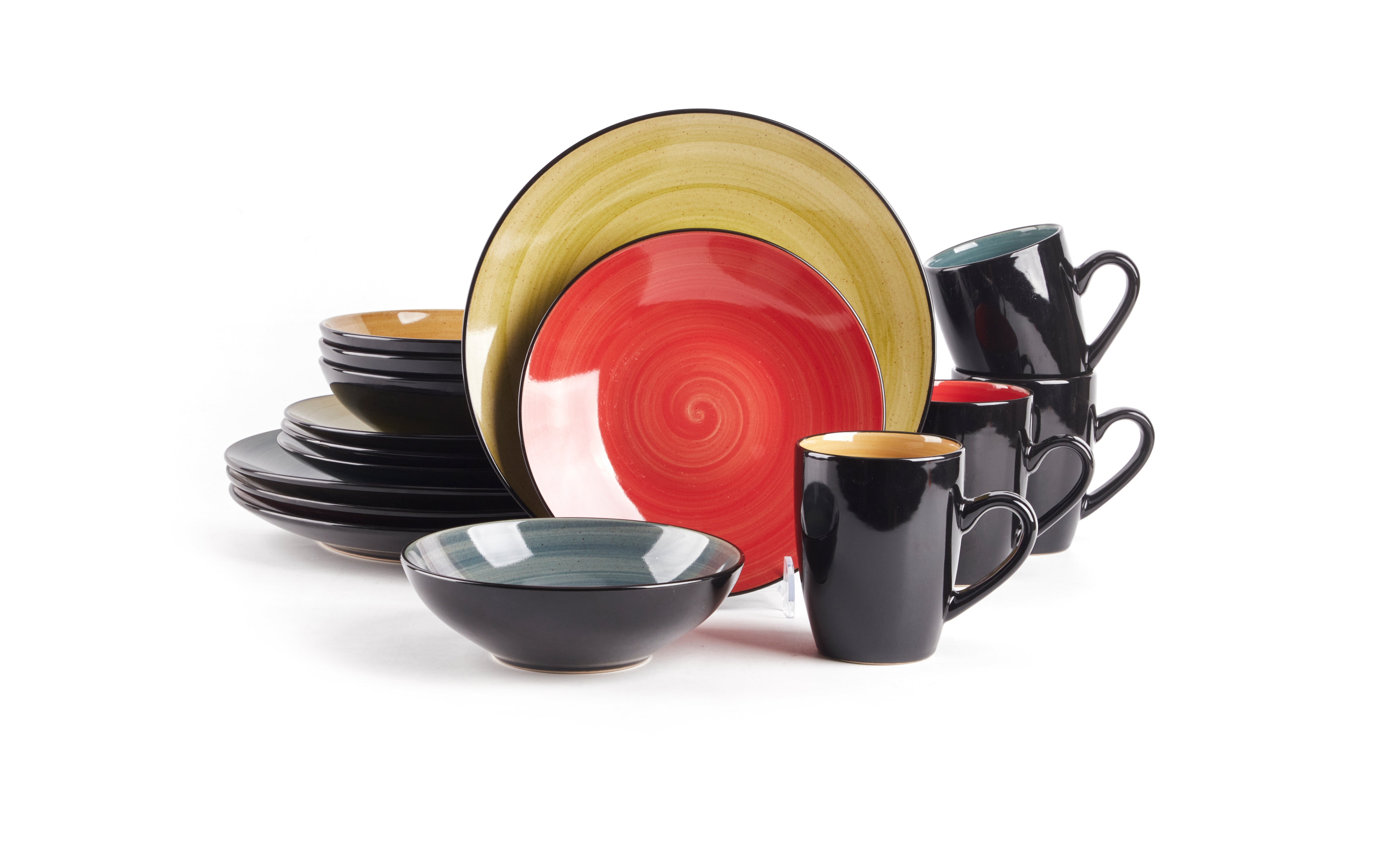 HomeVss Sonoma mixed colors reactive glaze stoneware dinnerware set 16pcs service for 4, includes plates bowls mugs in blue red yellow green, modern ceramic dinner set microwave safe dishwasher safe oven safe