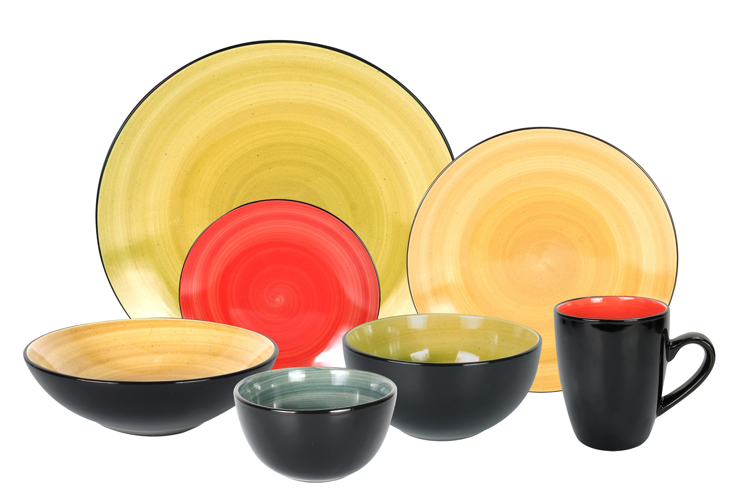 HomeVss Sonoma mixed colors reactive glaze stoneware dinnerware set 56pcs service for 8, includes dinner plates salad plates bowls mugs in blue red yellow green, modern ceramic dinnerware collection microwave safe dishwasher safe oven safe