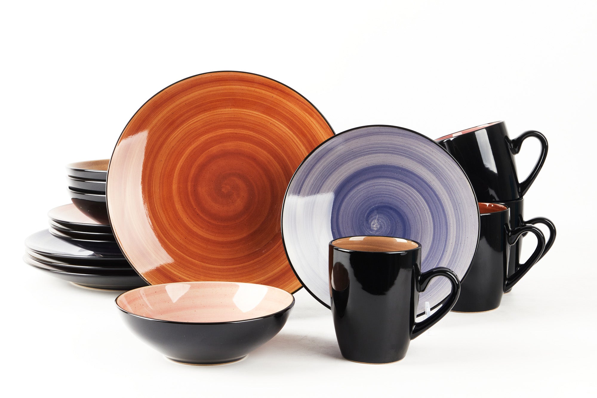 HomeVss Sonoma mocha spice cobalt rose reactive glaze stoneware dinnerware set 16pcs service for 4, includes dinner plates salad plates bowls mugs in mixed colors, durable ceramic dinnerware microwave safe dishwasher safe oven safe