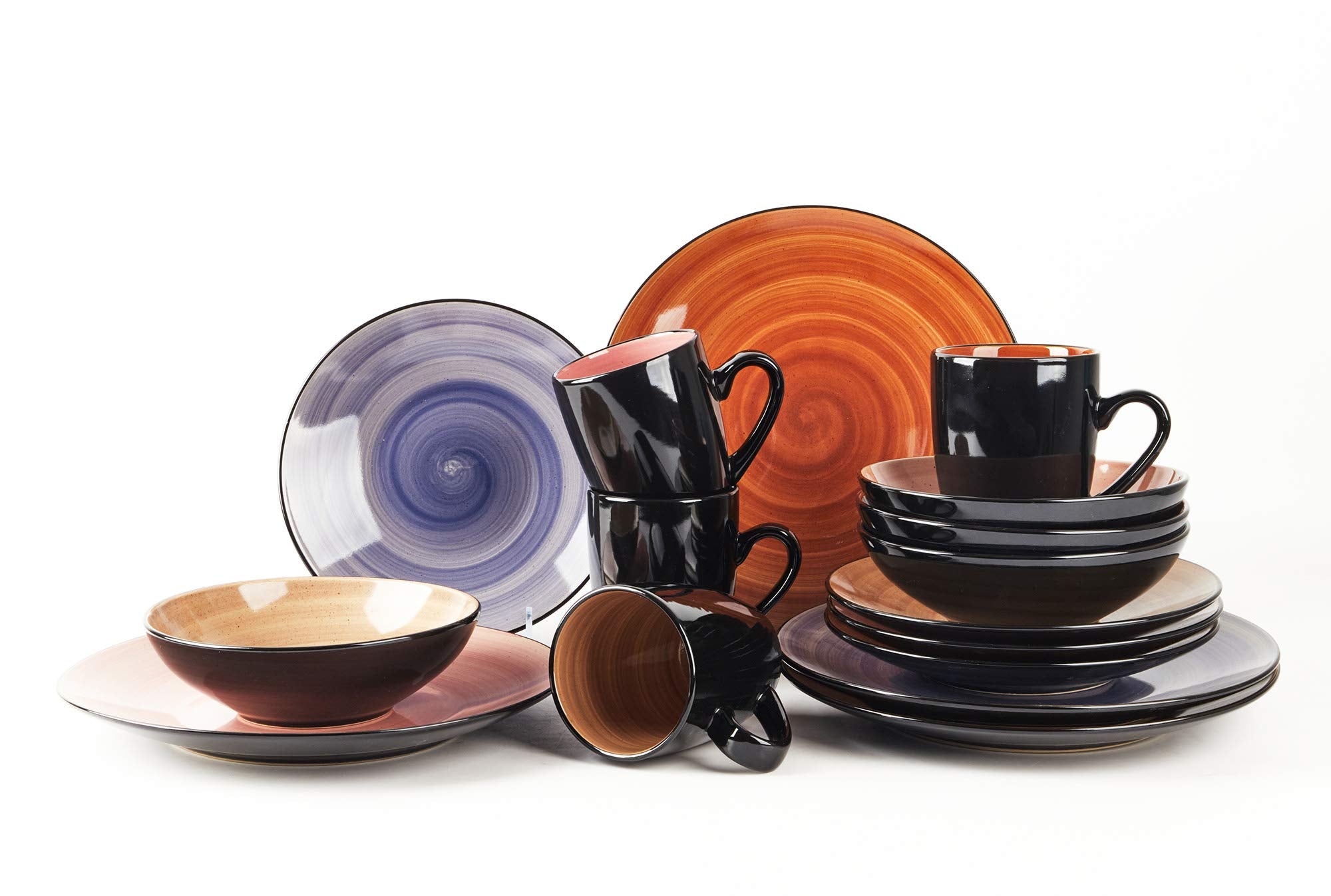 HomeVss Sonoma mocha spice cobalt rose reactive glaze stoneware dinnerware set 16pcs service for 4, includes dinner plates salad plates bowls mugs in mixed colors, durable ceramic dinnerware microwave safe dishwasher safe oven safe