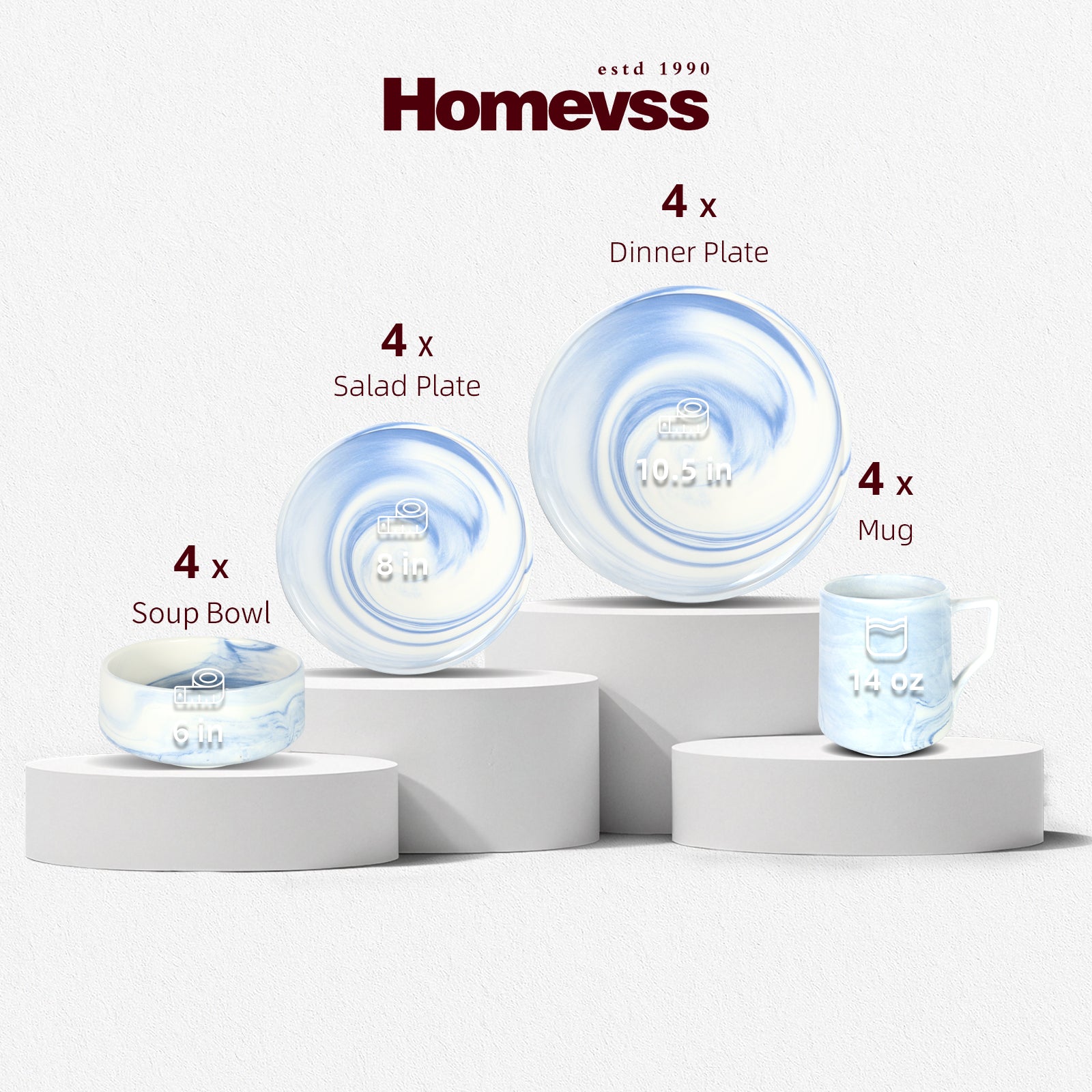 Homevss dinnerware set displayed on white pedestals against a light gray background, including four dinner plates, four salad plates, four soup bowls, and four mugs in a translucent light blue and white swirl pattern.