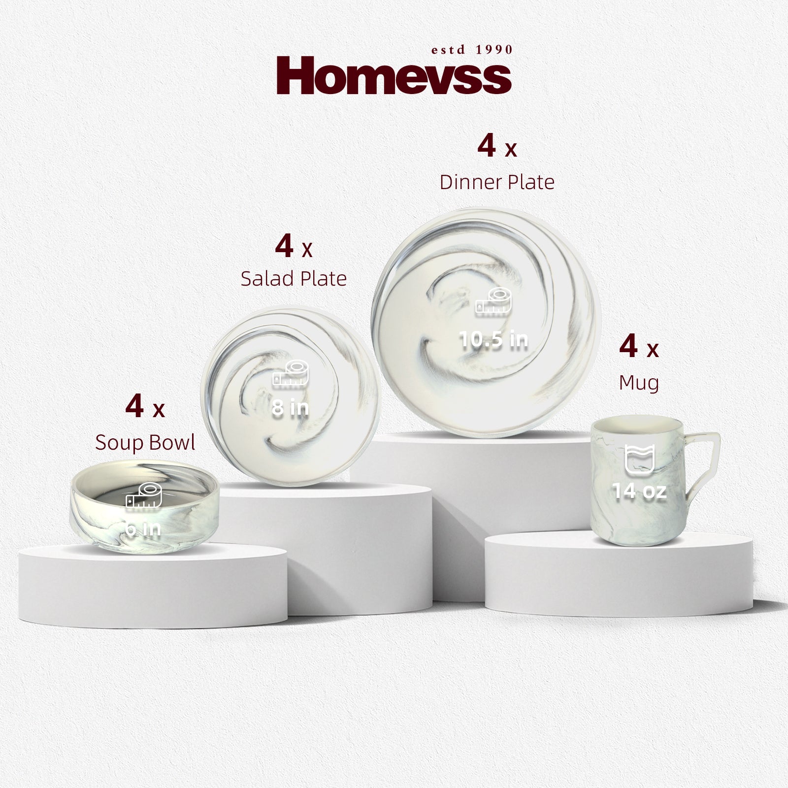 Homevss dinnerware set displayed on white pedestals against a light gray background, including four 10.5-inch dinner plates, four 8-inch salad plates, four 8-oz soup bowls, and four 14-oz mugs.