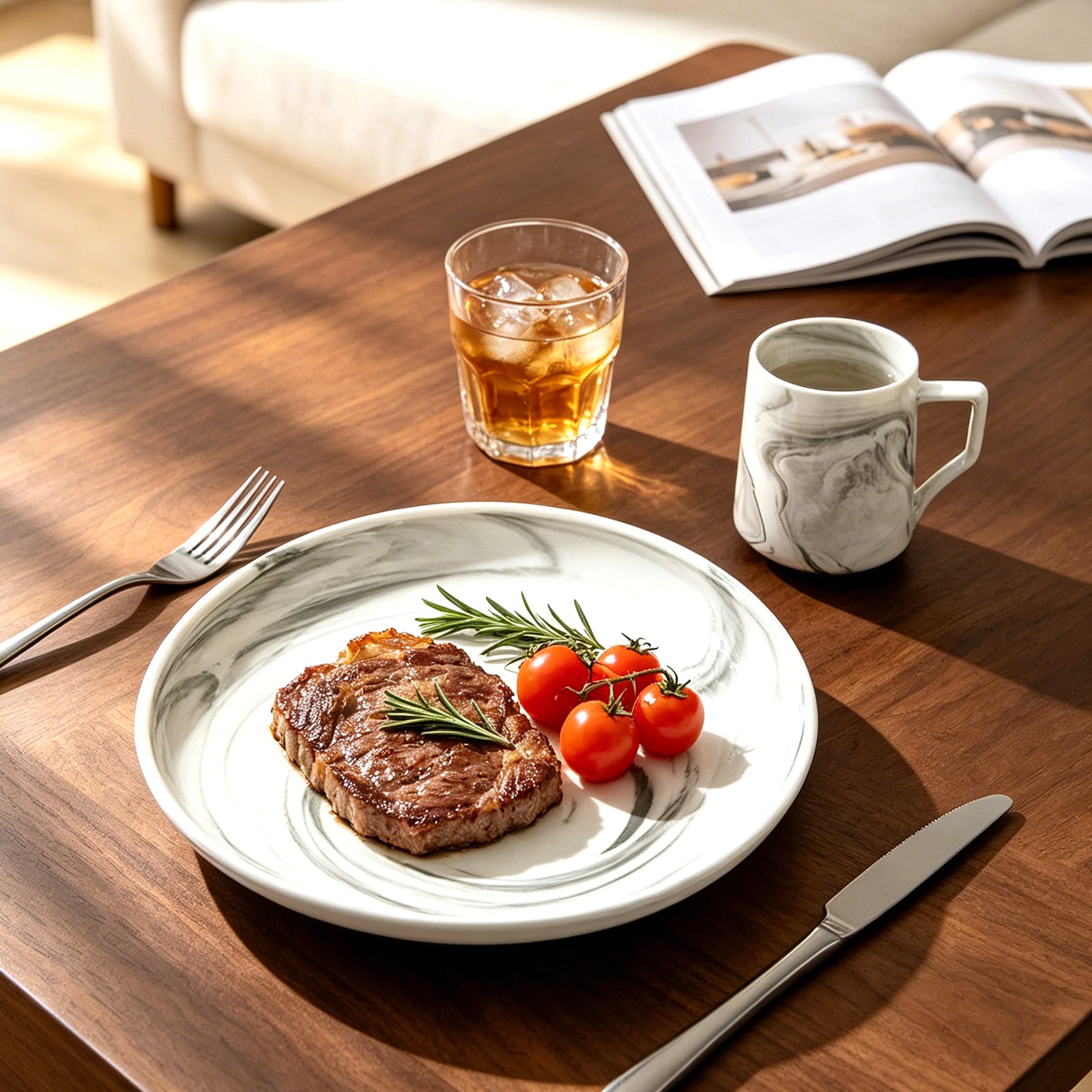 A styled dining table scene with a white ceramic plate featuring a gray swirl pattern, holding a cooked steak garnished with rosemary and cherry tomatoes. The plate is set on a dark wood table alongside a fork, knife, a glass of iced amber drink, a marble mug, and an open magazine in the background.