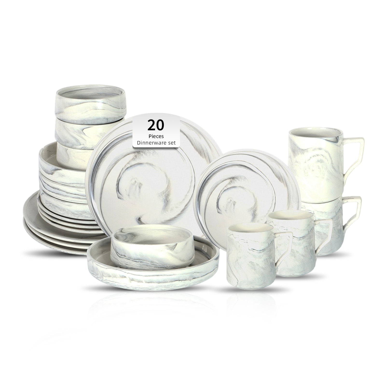 A 20-piece dinnerware set with a white and gray marbled swirl pattern, including plates, bowls, mugs, and stacked stacks on a white background.