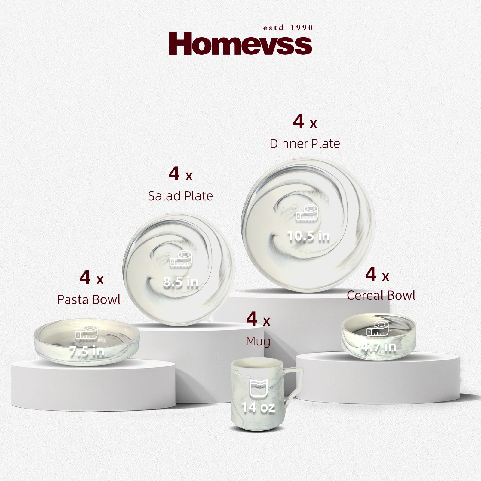 Homevss dinnerware set displayed on white pedestals against a light gray background, including four 10.5-inch dinner plates, four 8.