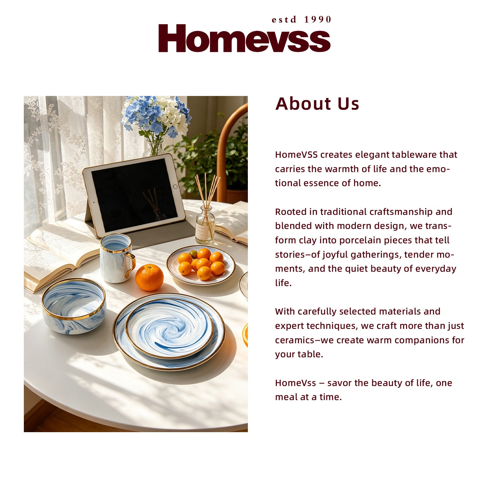 A promotional graphic for Homevss featuring a lifestyle photograph of a table setting with blue and white marbled ceramic dishes, a blue mug, and a tablet on a table with flowers, next to a block of text detailing the brand's philosophy.