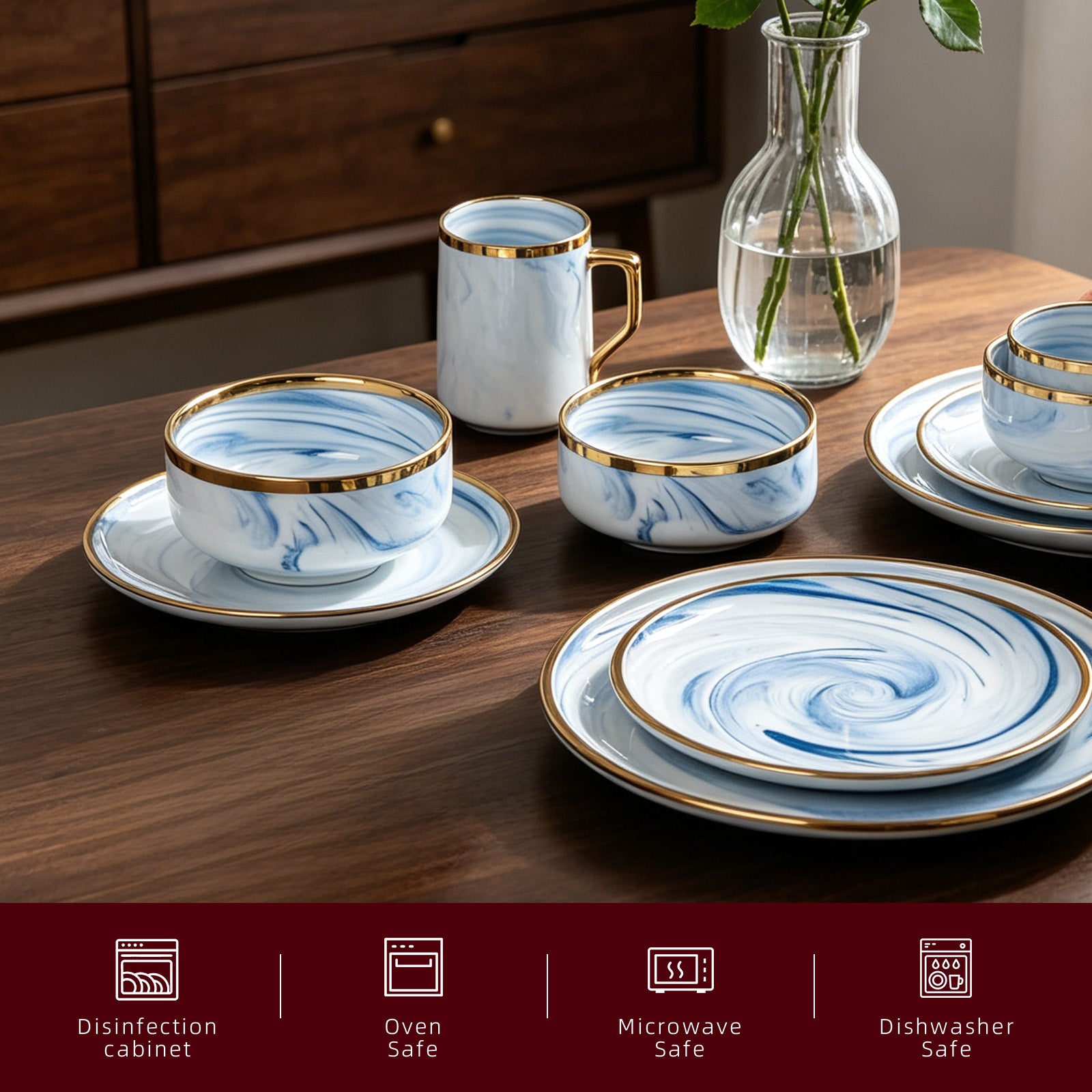 HomeVSS text infographic showcasing the blue and gold tableware set components