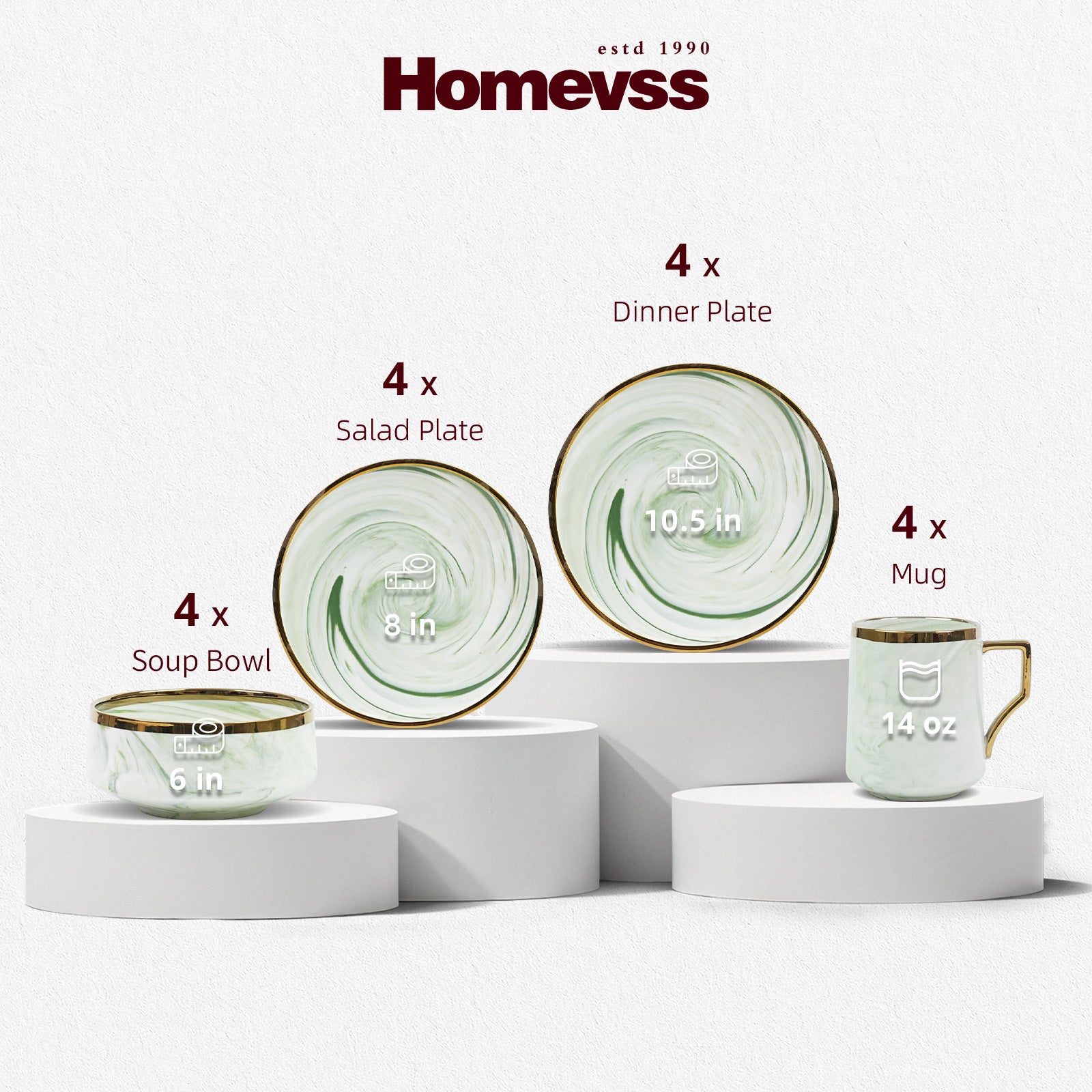 Homevss dinnerware set displayed on white pedestals against a light gray background, including four 10.5-inch salad plates, one 8-inch soup bowl, one 6-inch soup bowl, and one 14-oz mug.
