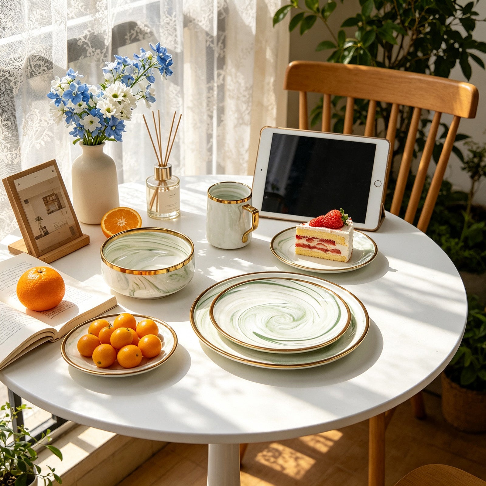 A styled dining table scene with a white round table set with matching white and gold ceramic plates, mugs, a bowl, a tablet, a small cake, oranges, flowers, and an open book in a bright indoor setting.