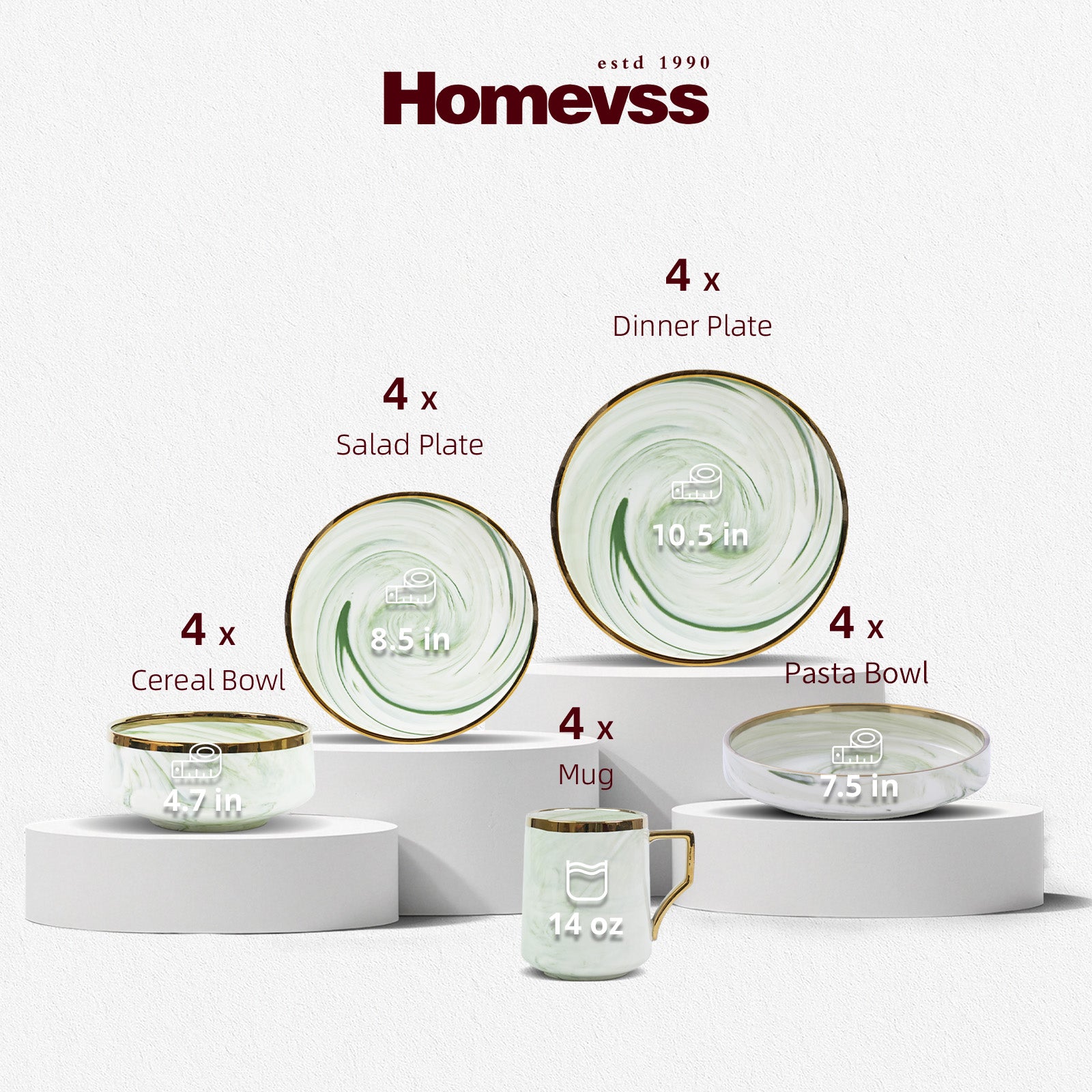 Homevss dinnerware set displayed on white pedestals with overlaid size labels and quantities for plates, bowls, and a mug on a light gray background.